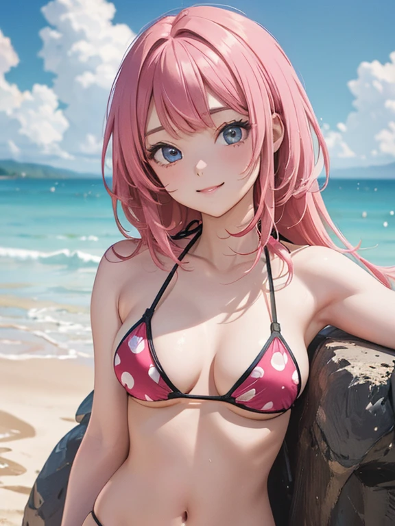 ((masterpiece, high quality, high resolution, absurd, super detailed, High saturation、8k)),real,upper body,(bikini:1.5),(1girl), (stand),seductive smile,cute face、beautiful eyes、pink hair、 (on the beach)、zydG