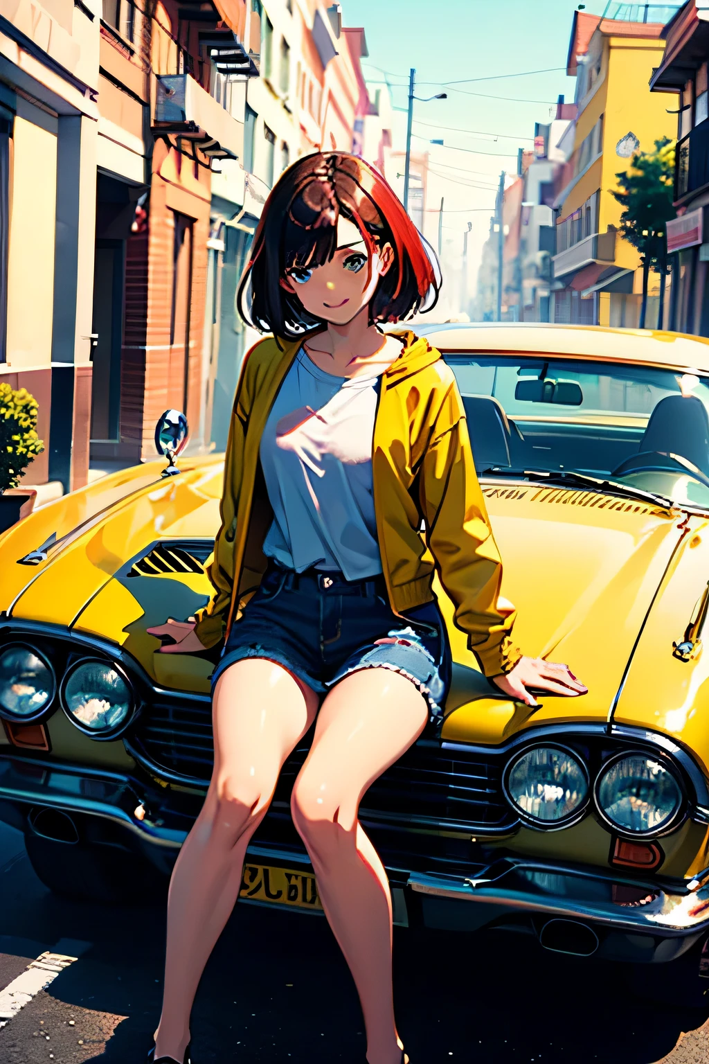 obra maestra, Mejor calidad, mujer joven, el pelo largo y PELIROJO, coche descapotable amarillo retro, girl sitting on the car door, sonriente, ropa de mucama
