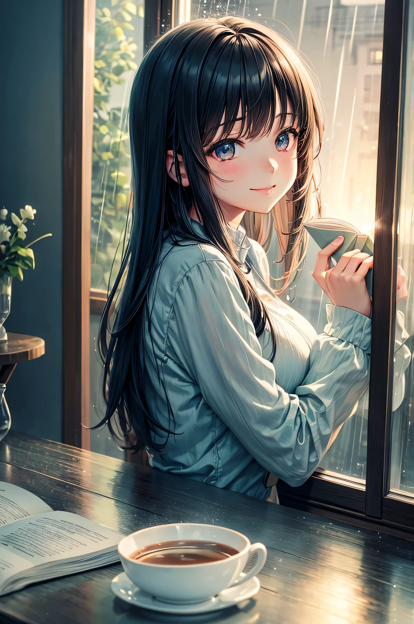 (A cozy café, anime),janela chuvosa(looking out the window and it's raining outside),lendo um livro,desfrutando de uma bebida quente,atmosfera calorosa,soft lighting,ambiente tranquilo e tranquilo,cores vibrantes,artistic training,Manga-style art,Design de personagens inspirado em anime,Expressive eyes and facial features,cabelo solto,adorable clothes,smiling and happy expression,healthy and relaxing environment,melancholic vibe,chuviscando gotas de chuva na janela,som da chuva criando um ambiente relaxante