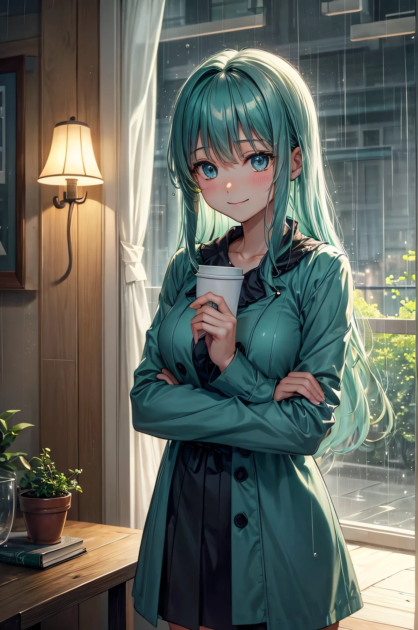 (A cozy café, anime),janela chuvosa(looking out the window and it's raining outside),lendo um livro,desfrutando de uma bebida quente,atmosfera calorosa,soft lighting,ambiente tranquilo e tranquilo,cores vibrantes,artistic training,Manga-style art,Design de personagens inspirado em anime,Expressive eyes and facial features,cabelo solto,adorable clothes,smiling and happy expression,healthy and relaxing environment,melancholic vibe,chuviscando gotas de chuva na janela,som da chuva criando um ambiente relaxante