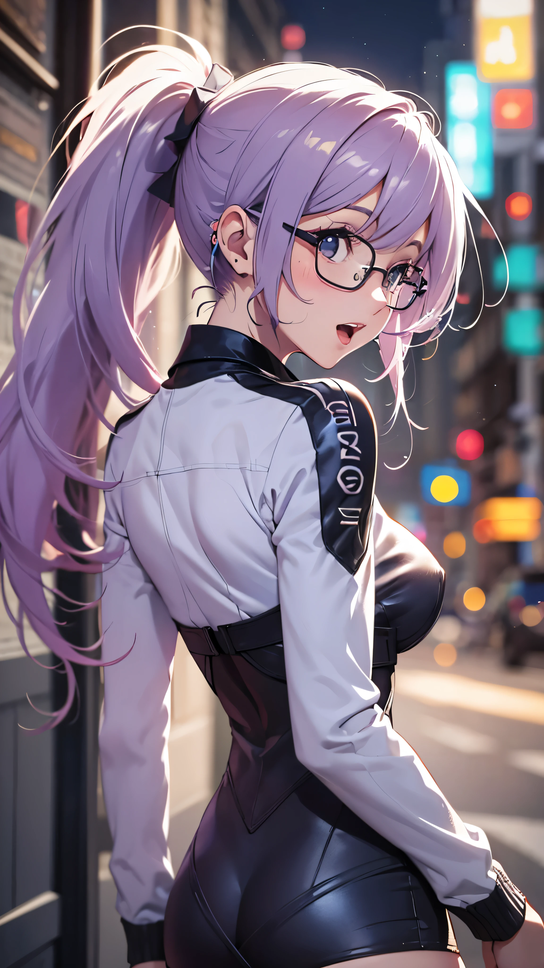 woman,25 years old,,city,night,(((white and blue tight miniskirt bodysuit))),,open mouth smile(())(Glasses),((Beautiful long ponytail)),(()),blush、surprised face,((())),((look back))wet with sweat