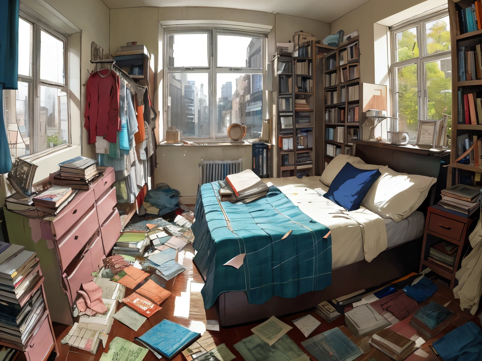 highres, detailed, cluttered bedroom, unmade bed, clothes scattered, scattered books, windows onto the street