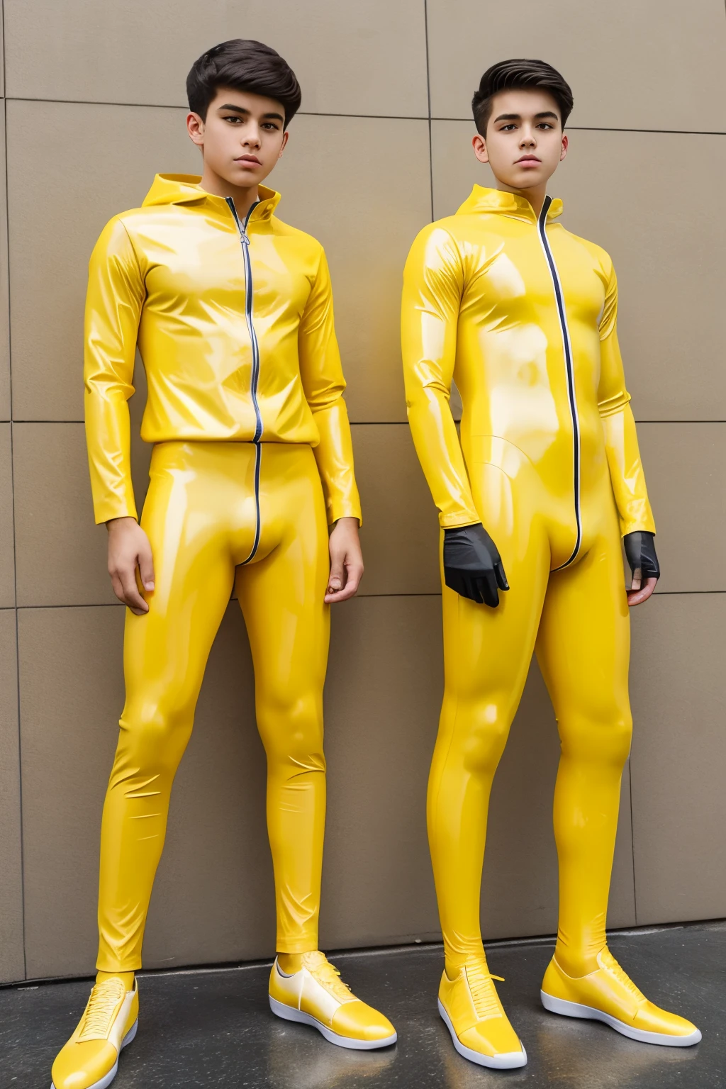 Two high school boys wearing yellow latex catsuit with socks