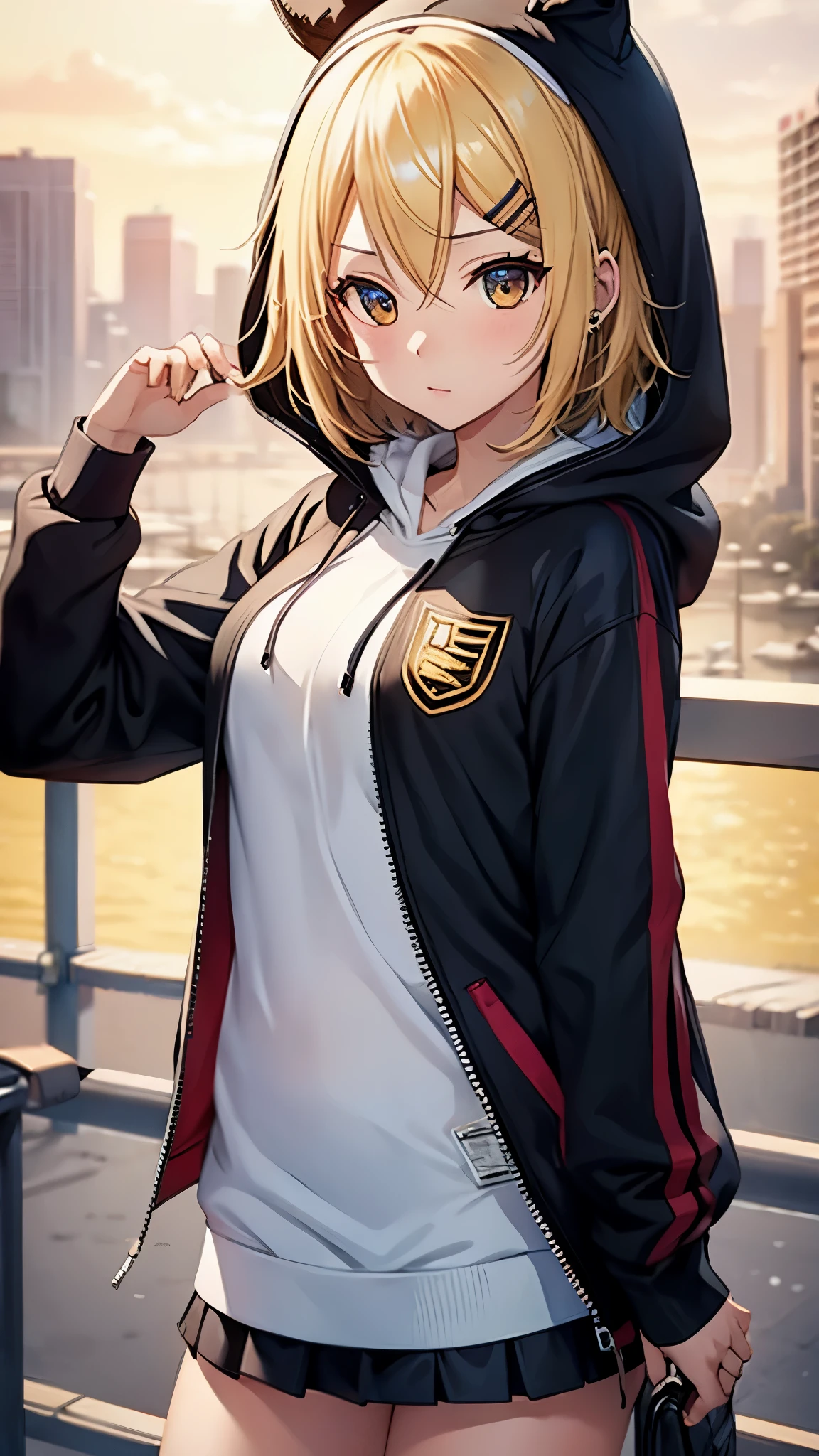 Kagamine rin , 1 girl , wearing a red hooded sweater , white miniskirt with gold horizontal lines , viendo al espectador , bragas visibles , rostro seductor ,(imagen de ultra alta calidad 8k ) obra maestra ( high-definition picture ) , maximum image resolution , ( detalles de la imagen bien definidos )