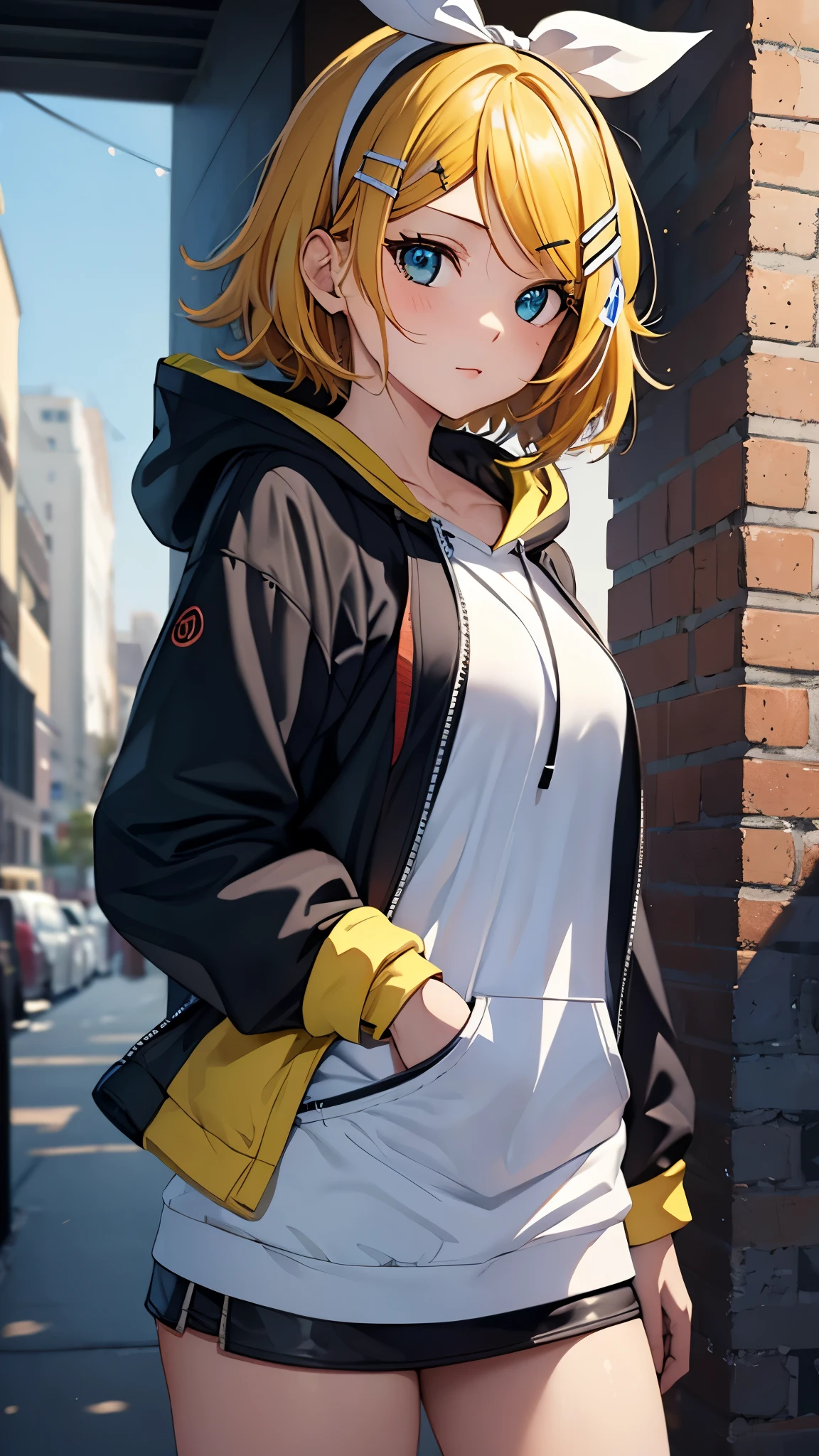 Kagamine rin , 1 girl , wearing a red hooded sweater , white miniskirt with gold horizontal lines , viendo al espectador , bragas visibles , rostro seductor ,(imagen de ultra alta calidad 8k ) obra maestra ( high-definition picture ) , maximum image resolution , ( detalles de la imagen bien definidos )