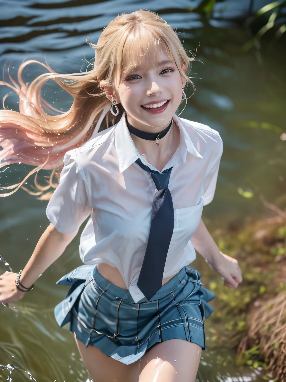 ticker,masterpiece、High level image quality、Ultra - High resolution、8k wallpaper、((very beautiful face、cute face))、(realistic, photorealistic: 1.37), (looking at viewer), (from above:2), Kitagawa Marine,one beautiful girl, high school girl、16-year-old student、 grin and laugh, smile,(blonde hair:1.5, pink gradient hair:1.3), ((long straight hair:1.5, Sink bangs,colorful hair, red eyes,Natural makeup,pink eyeshadow)),((Height 164cm,Neck circumference 27.3cm,Bust 87cm,Under bust 68cm,Hip 85cm,Thigh circumference 93.8cm,Waist 59cm,Shoulder width 35cm,Arm circumference 22.9cm,79cm under the buttocks))、Wet skin、Wet shirt、A wet shirt that sticks to your skin、You can see the nipples that show through the shirt、(See-through:1.2), (((jewelry,earrings, white shirt, Tied shirts, black choker, blue tie, blue plaid skirt,No bra on、not wearing panties))), Nature、Blue swamp in the coniferous forest belt、((beautiful girl running in the water:1.5))、embarrassment、confusion、Temporary、dark sky、side light、noise reduction、Pale and soft light、diffused glow、hair blowing in the wind、skirt fluttering in the wind,Soaring skirt、(lot of splash of water:1.3)、MarinGyaru,school_uniform,NSFW
