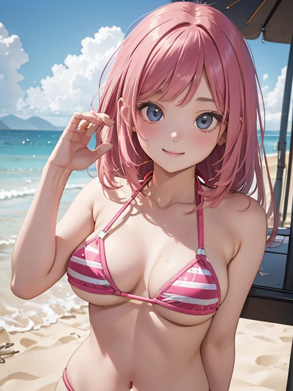 ((masterpiece, high quality, high resolution, absurd, super detailed, High saturation、8k)),real,upper body,(bikini:1.5),(1girl), (stand),seductive smile,cute face、beautiful eyes、pink hair、 (on the beach)、zydG