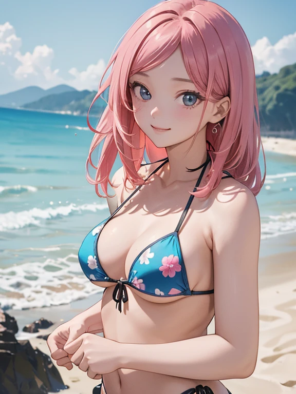 ((masterpiece, high quality, high resolution, absurd, super detailed, High saturation、8k)),real,upper body,(bikini:1.5),(1girl), (stand),seductive smile,cute face、beautiful eyes、pink hair、 (on the beach)、zydG