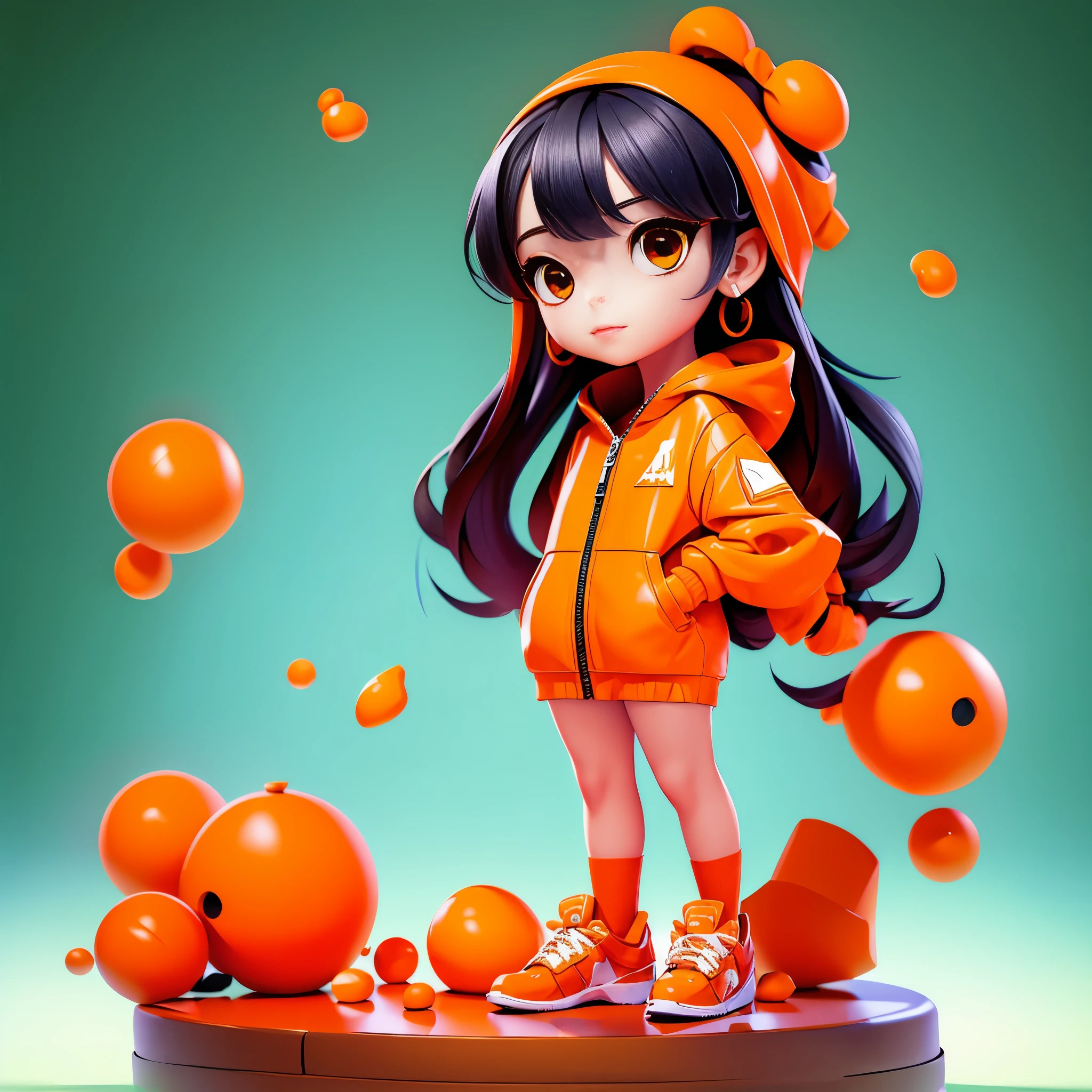 (masterpiece, best quality, 1 girl: 1.5), 3D character, chibi, orange clothes, (full body: 1.2), transparent background,