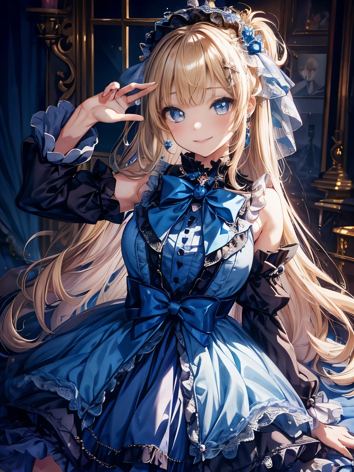 prompt: 8K resolution, delicate features, , single, Unique pupils, A smiling smile, blonde, princess cut, Bow hair ornament, brooch, shiny candy blue dress, lolita style, gothic style, facing the viewer, Otaku Room, Female imps