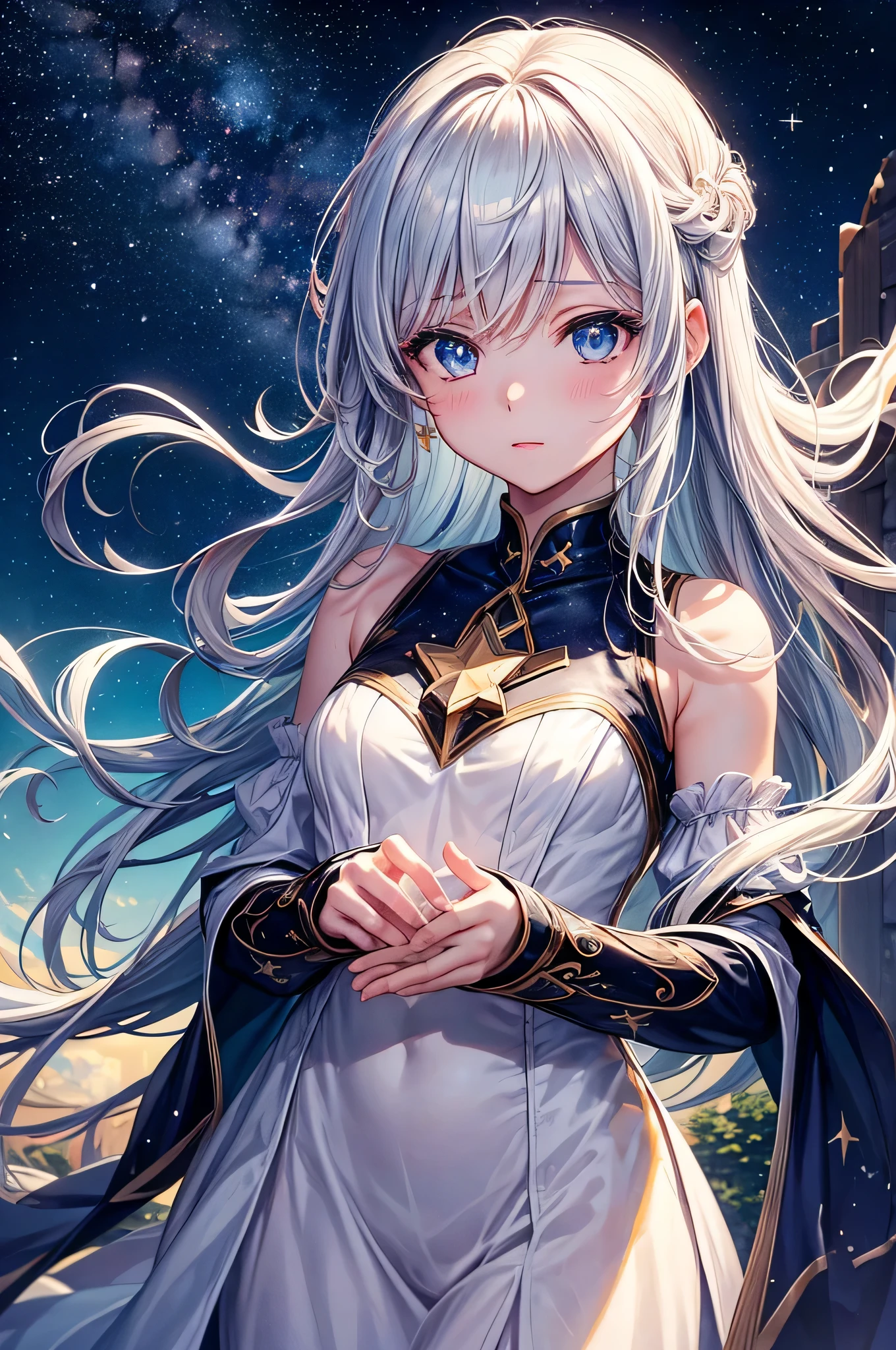 (uma garota,anime),observatory,maravilhado,estrelas brilhantes,Night sky,beautiful scenery,inspirador,maravilha,espanto,olhos expressivos,silhueta,peaceful,tranquilo,Sereno,cores suaves,soft lighting,Stargazing,vivid details [illustration],sonhe como,ethereal ambiance,emotional connection,mundo da fantasia,magical,beleza delicada,property,imerso no momento,vista majestosa,Encantado,noite estrelada,hipnotizado pelo universo,Luminous constellations,jaw-dropping view,breathtaking