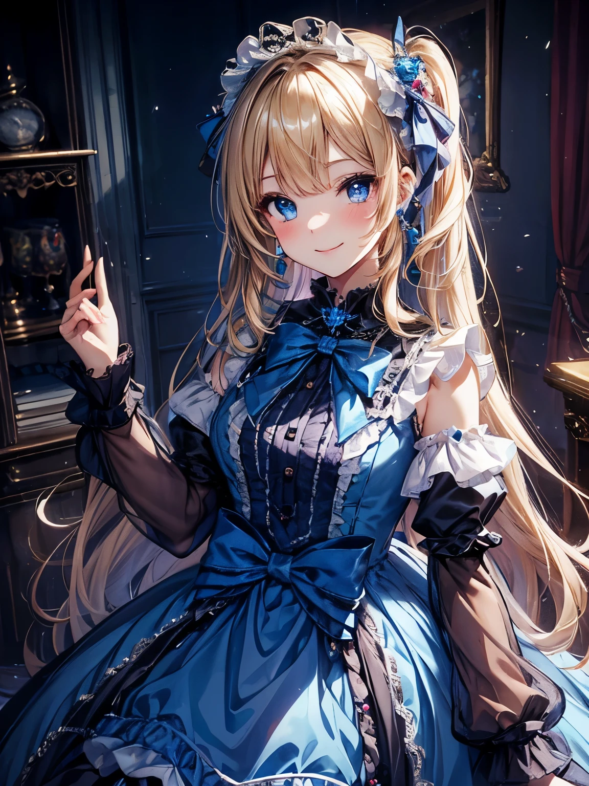 prompt: 8K resolution, delicate features, , single, Unique pupils, A smiling smile, blonde, princess cut, Bow hair ornament, brooch, shiny candy blue dress, lolita style, gothic style, facing the viewer, Otaku Room, Female imps