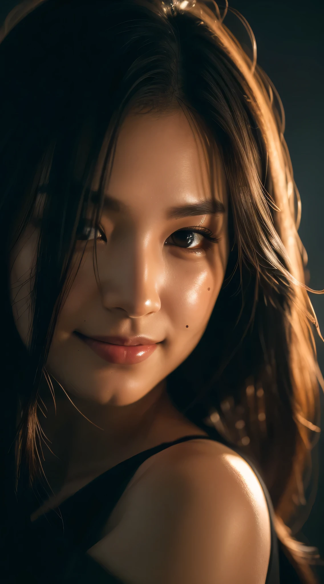 highest quality, epic realistic, ((in the pitch black darkness :1.4)), ((portrait:1.5)),(background: dark ) high contrast ,glorious picture, lowest lux, lighting face, she's comfortable, wearing nothing, , looks incredible, (8k, Raw photo, Highest quality),(epic realistic:1.5), a woman, face,(detailed eyes:0.8),(looking at the camera:1.4), (Highest quality), ( high contrast, deep shadows),Intricate details,cinematic,((skin:1.4)), (long dark hair:1.3), long hair, messy ,(Hdr:1.5),Detailed, colors, Superior quality, Masterpiece, Raw Photo (20-year-old, looking at viewer), beautiful, (wearing OVERSIZE MEN SHIRT, ALL BUTTONS OPEN), perfect, natural, perfect composition, portrait, perfect face, smiling expression, Captivating eyes, Bright details, Tight lips, (High Skin Detail),, (blue tint: 0.6), (sale: 0.8), (bloody: 0.7), Key lighting , (backlight: 0.5), Medium depth of field, Canon 5d, 50mm lens, f/4 apertures, (Ultra-detailed, Complex detail), sharp focus, soft colors, 8k, Absurd, 80mm, bokeh background, photography, smiling, pinay, filipina, large , neon lights background
