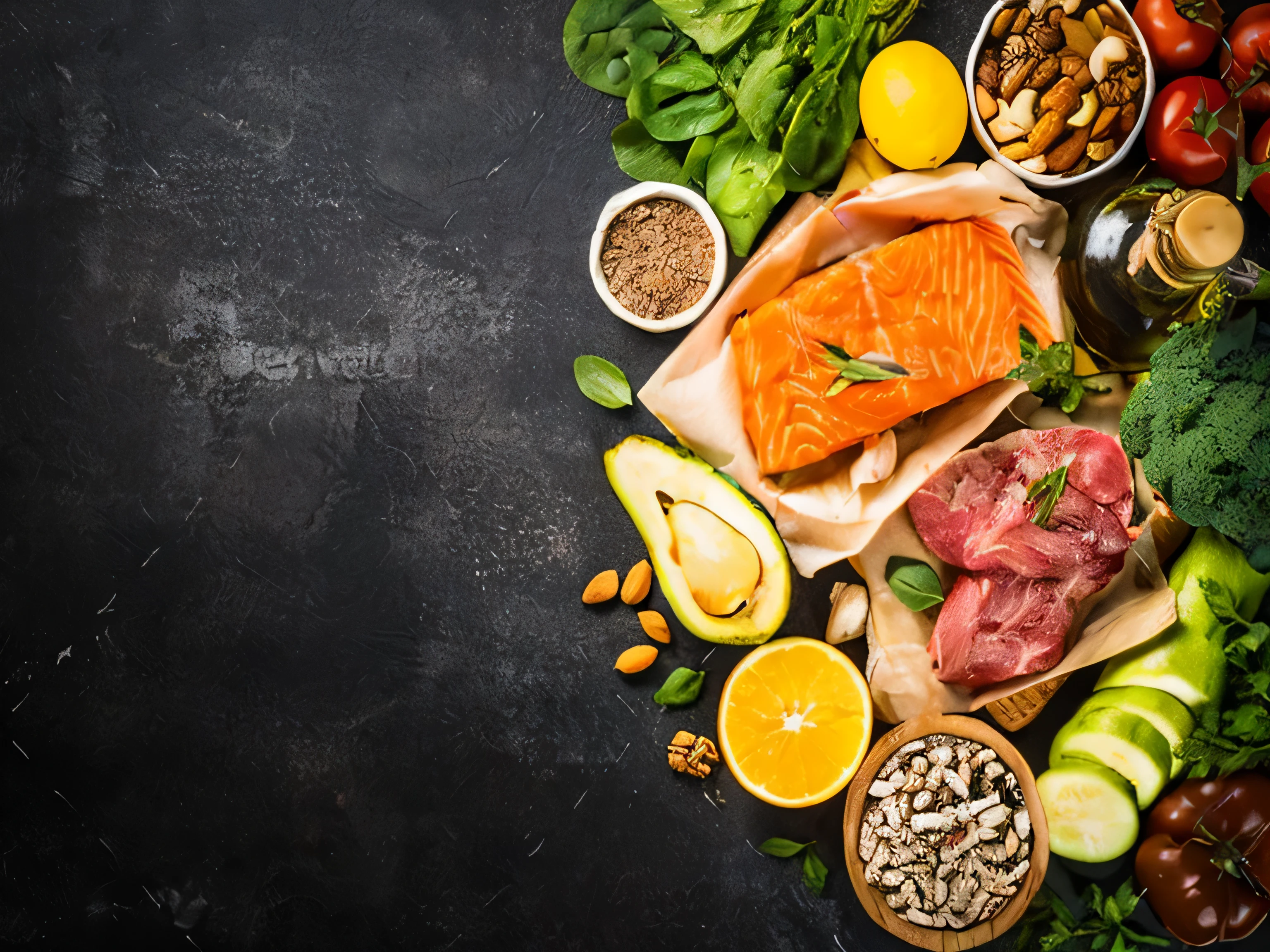 a close up of a variety of food including fish, vegetables, nuts, and fruit, high quality product image”, best on adobe stock, high quality photo, high quality food photography, plain background, high quality picture, best quality, on clear background, fine background proportionate, astonishing background, high-quality photo, by Julian Hatton, amazing background, best photo