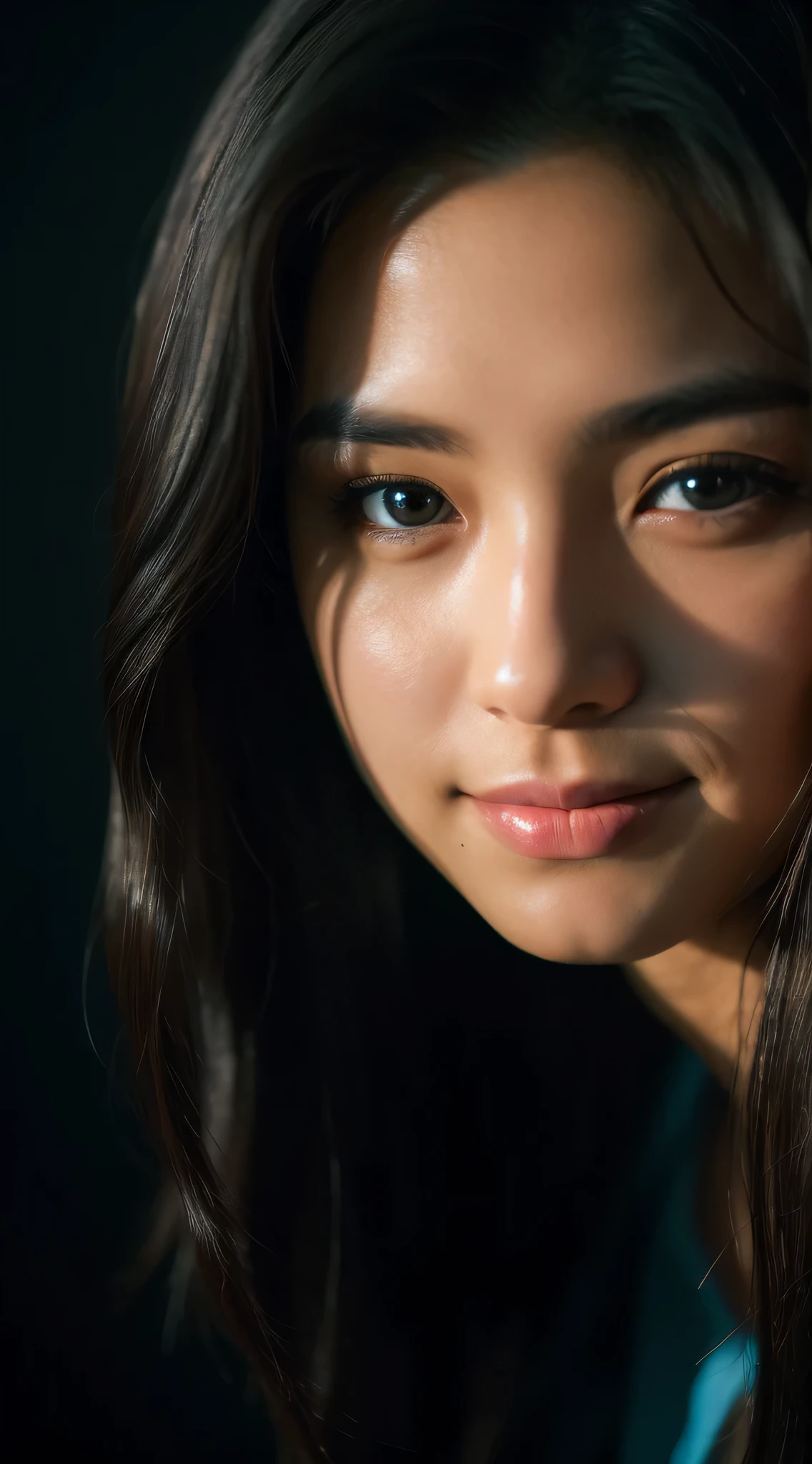 highest quality, epic realistic, ((in the pitch black darkness :1.4)), ((portrait:1.5)),(background: dark ) high contrast ,glorious picture, lowest lux, lighting face, she's comfortable, wearing nothing, , looks incredible, (8k, Raw photo, Highest quality),(epic realistic:1.5), a woman, face,(detailed eyes:0.8),(looking at the camera:1.4), (Highest quality), ( high contrast, deep shadows),Intricate details,cinematic,((skin:1.4)), (long dark hair:1.3), long hair, messy ,(Hdr:1.5),Detailed, colors, Superior quality, Masterpiece, Raw Photo (20-year-old, looking at viewer), beautiful, (wearing OVERSIZE MEN SHIRT, OPEN ALL BUTTONS), perfect, natural, perfect composition, portrait, perfect face, smiling expression, Captivating eyes, Bright details, Tight lips, (High Skin Detail),, (blue tint: 0.6), (sale: 0.8), (bloody: 0.7), Key lighting , (backlight: 0.5), Medium depth of field, Canon 5d, 50mm lens, f/4 apertures, (Ultra-detailed, Complex detail), sharp focus, soft colors, 8k, Absurd, 80mm, bokeh background, photography, smiling, pinay, filipina, large , neon lights background