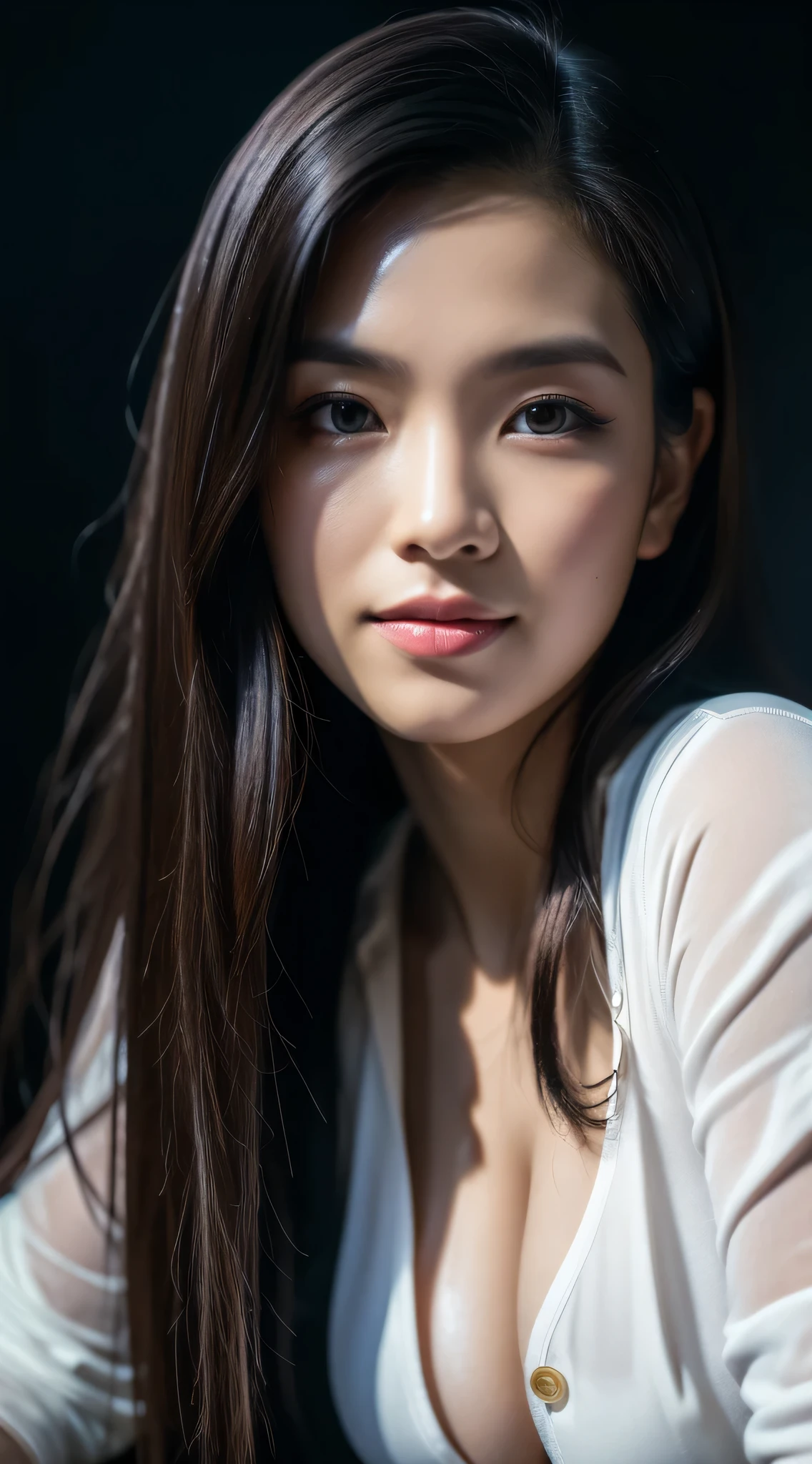 highest quality, epic realistic, ((in the pitch black darkness :1.4)), ((portrait:1.5)),(background: dark ) high contrast ,glorious picture, lowest lux, lighting face, she's comfortable, wearing nothing, , looks incredible, (8k, Raw photo, Highest quality),(epic realistic:1.5), a woman, face,(detailed eyes:0.8),(looking at the camera:1.4), (Highest quality), ( high contrast, deep shadows),Intricate details,cinematic,((skin:1.4)), (long dark hair:1.3), long hair, messy ,(Hdr:1.5),Detailed, colors, Superior quality, Masterpiece, Raw Photo (20-year-old, looking at viewer), beautiful, (wearing WHITE OVERSIZE MEN SHIRT, OPEN ALL BUTTONS), perfect, natural, perfect composition, portrait, perfect face, smiling expression, Captivating eyes, Bright details, Tight lips, (High Skin Detail),, (blue tint: 0.6), (sale: 0.8), (bloody: 0.7), Key lighting , (backlight: 0.5), Medium depth of field, Canon 5d, 50mm lens, f/4 apertures, (Ultra-detailed, Complex detail), sharp focus, soft colors, 8k, Absurd, 80mm, bokeh background, photography, smiling, pinay, filipina, large , neon lights background
