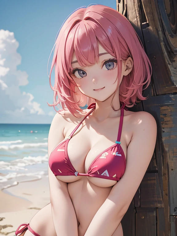 ((masterpiece, high quality, high resolution, absurd, super detailed, High saturation、8k)),real,upper body,(bikini:1.5),(1girl), (stand),seductive smile,cute face、beautiful eyes、pink hair、 (on the beach)、zydG