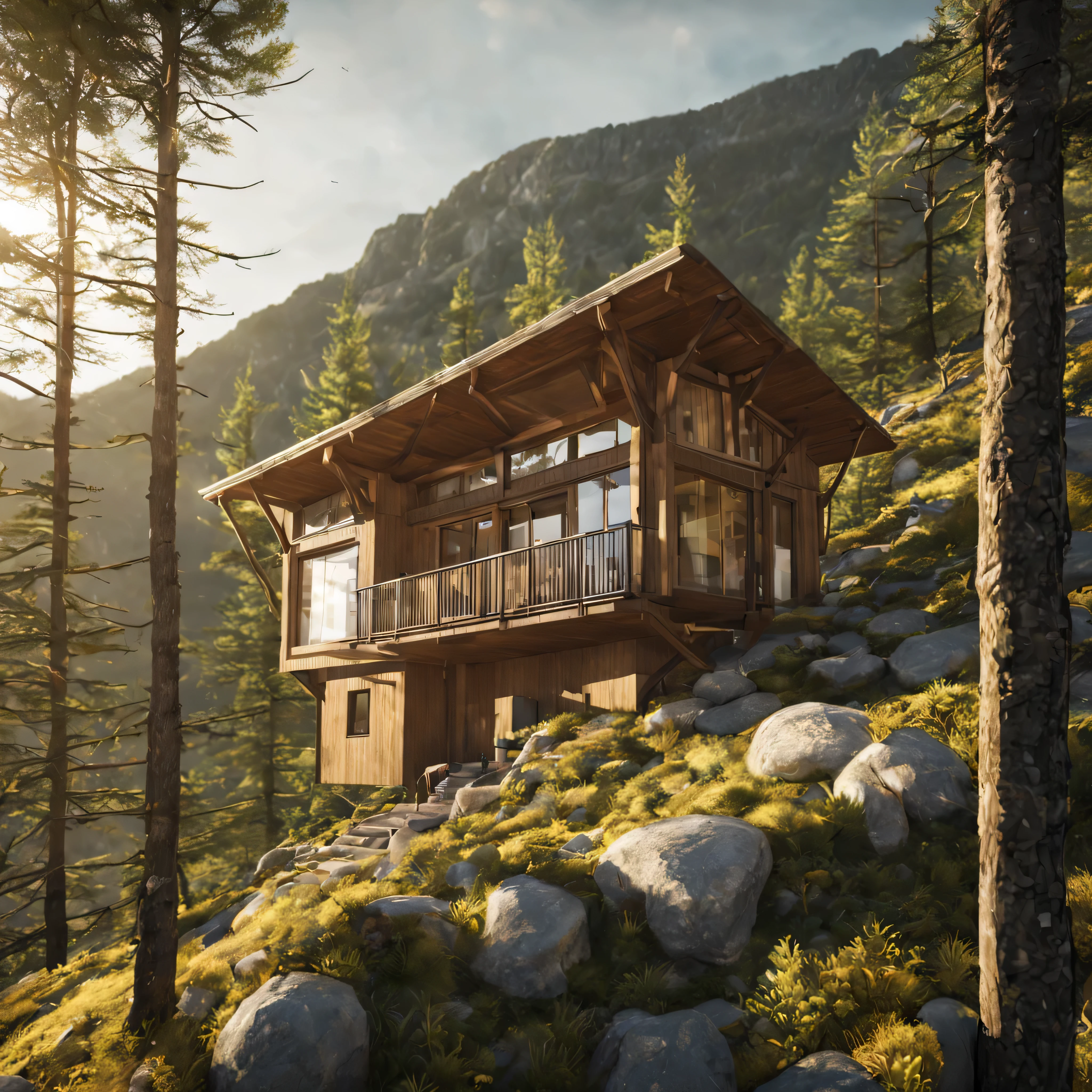 Design a mountain hut that seamlessly blends with its surroundings, embracing the natural landscape. Consider sustainable elements and eco-friendly features. Describe the architecture, materials, and layout, ensuring harmony with the mountainscape. Explore ways to bring the outdoors in, creating a tranquil retreat that celebrates the beauty of the mountains. Ultrarealistic, photoreal, ultratedailed, 4K