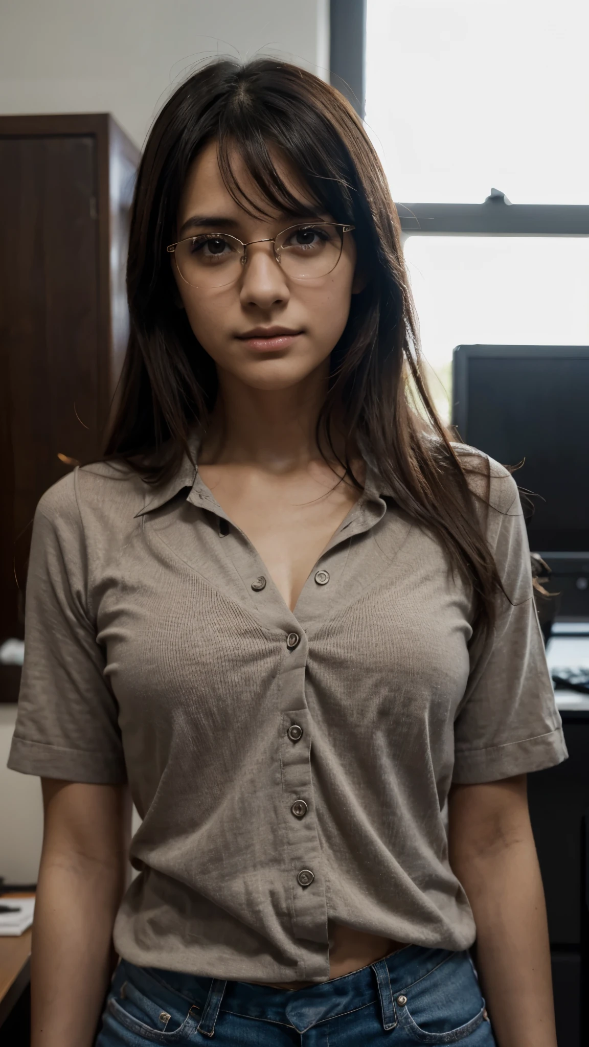 hermosa chica anime, cabello oscuro ,cuello corto, cara de una modelo , ropa de estilo oficina empresarial(falda y camisa) con lentes, with a satisfied look on his face. His gaze reflects confidence and success. Una luz intensa cae sobre su cabeza, illuminating cinematic and captivating, luz de cine, extremadamente detallado, mega detallado