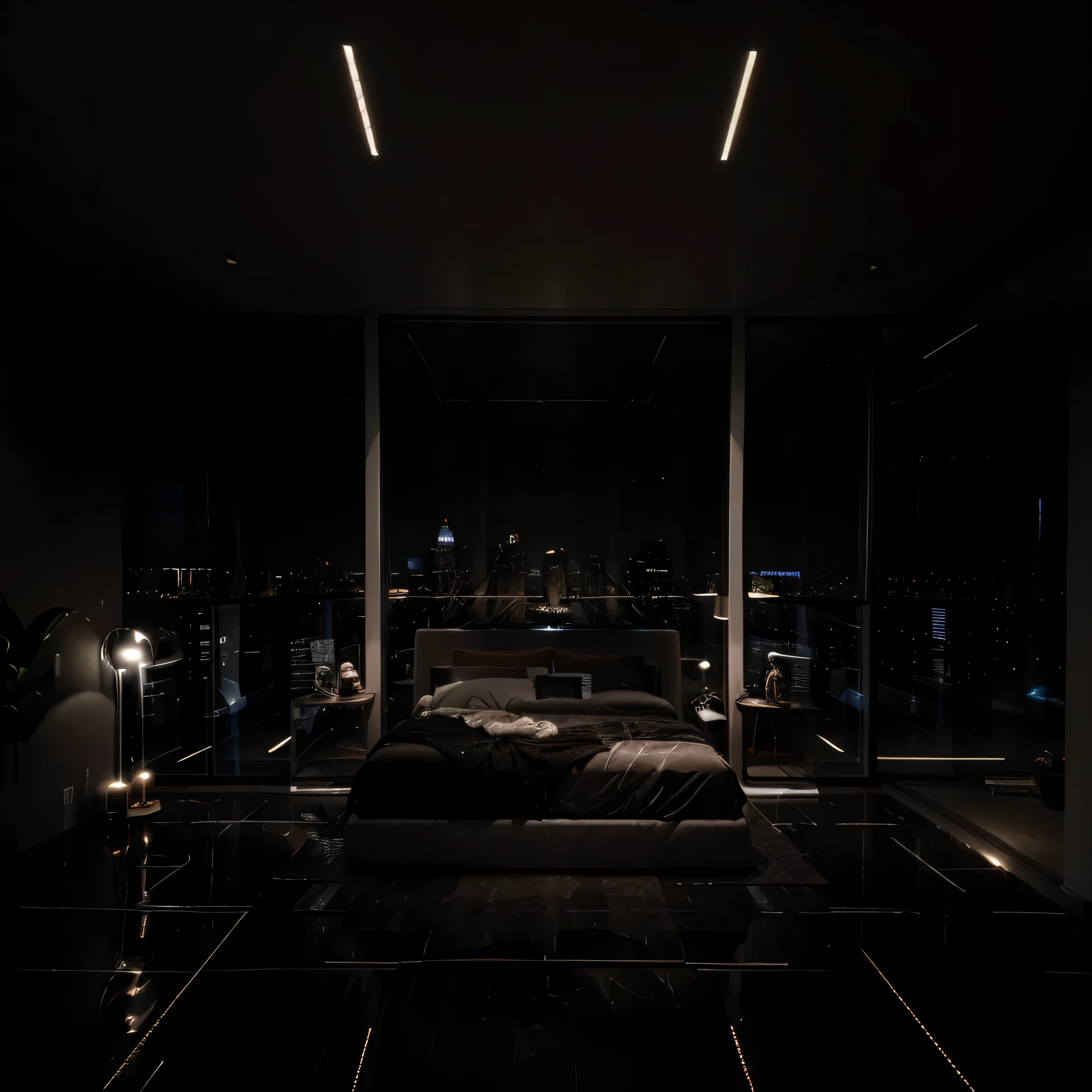 Night, Bedroom, skycraper appartment, dramatic light, low light, elegant apartment, luxurious aparment, expensive, modern apartment, marble floor, reflective floor, large windows, wall windows, window view, night city from above, new york from above, grey hair, grey hair, medium hair, open mouth, reflection light, backlighting, dramatic light, silhouette, UHD, masterpiece, ccurate, anatomically correct, textured skin, super detail, high details, high quality, best quality, highres, 1080P