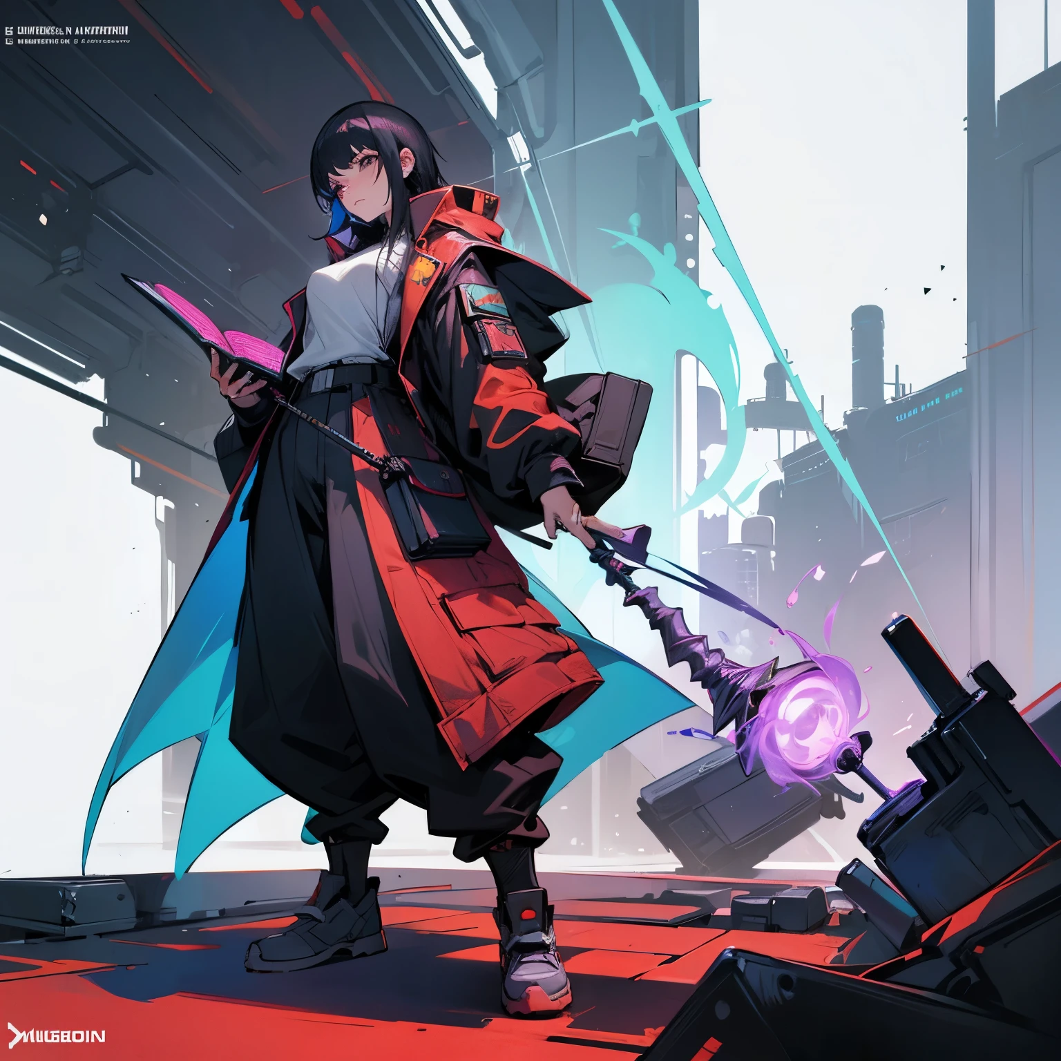 Full body lady use baggy cyberpunk clothes and pants, have a big wand and magic book