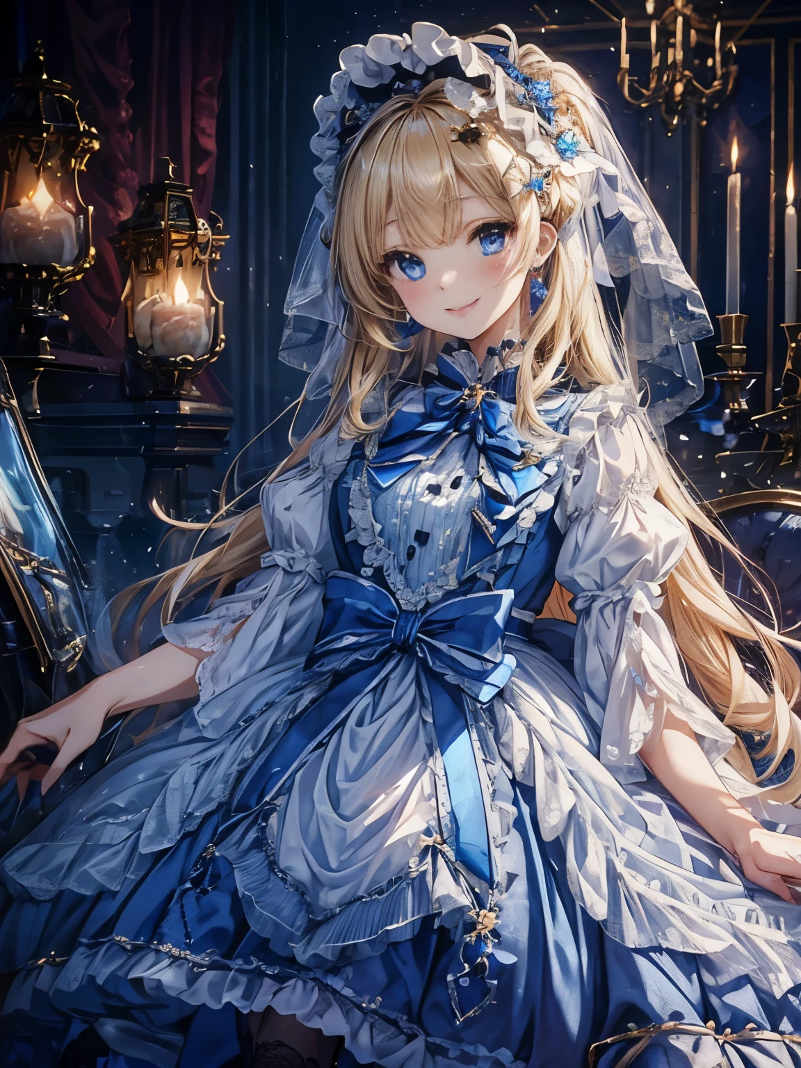 prompt: 8K resolution, delicate features, , single, Unique pupils, A smiling smile, blonde, princess cut, Bow hair ornament, brooch, shiny candy blue dress, golden embroidery,ta style, gothic style, facing the viewer, Otaku Room, Female imps