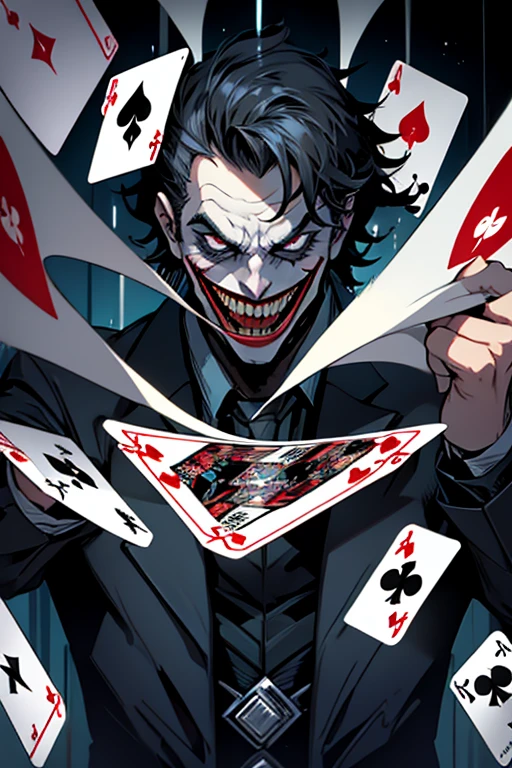 Black backround with broken mirror effect inside Batman's joker laughing with a deck of cards (wallpaper)