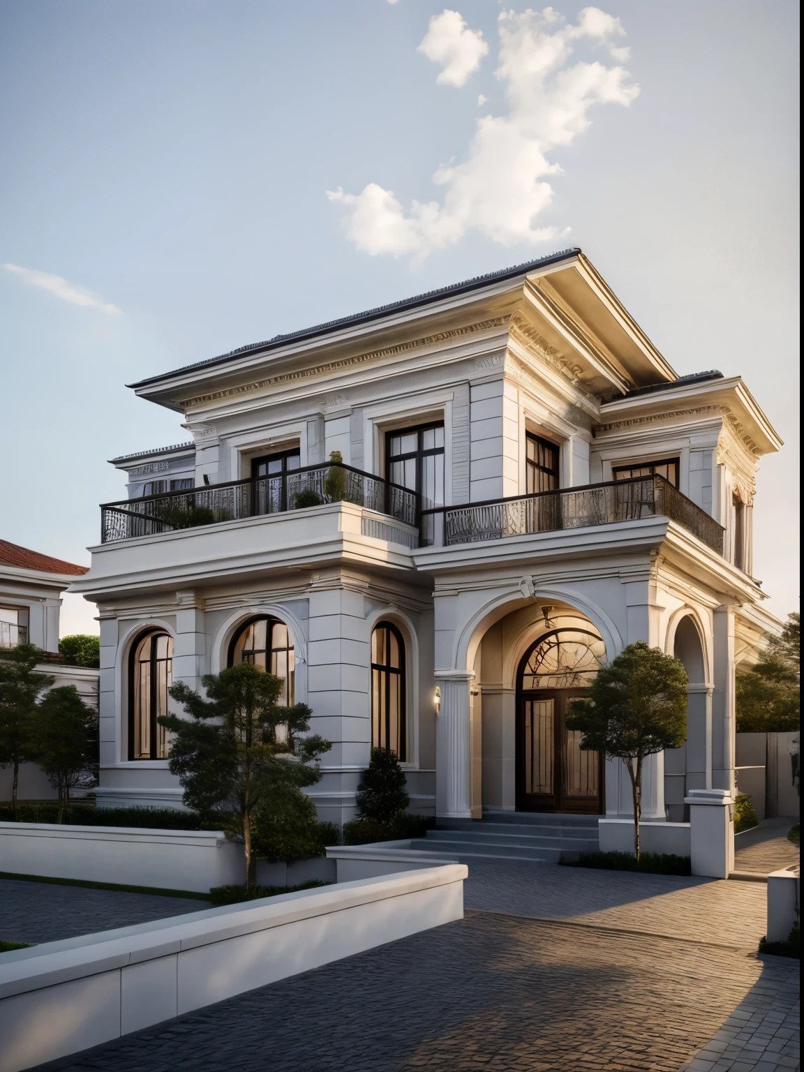 masterpiece, (photorealistic:1.2), best quality, ultra high res, exterior,architechture,modern house,white wall, glass windows,,trees,traffic road,design,trees around, blue sky,in the style of realistic hyper-detailed rendering, 32k uhd, luxury neoclassical villa, in the style of neoclassical scenes, hallyu, white, (dark navy roof:1.2), daylight, decorative art nouveau, les nabis, big door
 masterpiece,ultra realistic,32k,extremely detailed CG unity 8k wallpaper, best qualityIns