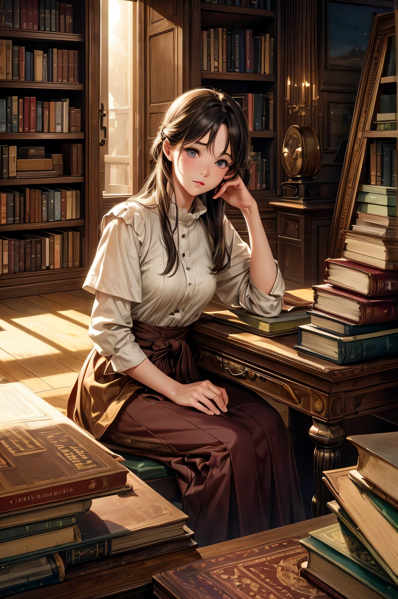 (melhor qualidade,4k,8k,high resolution,obra de arte:1.2),ultra-detalhado,(realista,photorealista,photo-realista:1.37), anime,biblioteca antiga,livros empoeirados,estante alta,lindos olhos detalhados,Detailed lips,long eyelashes,estilo anime,cores suaves,warm lighting,atmosfera tranquila,curious expression,postura sentada,book in hand,pisos de madeira,antique furnitures,sunlight streaming through windows,pilhas de livros em segundo plano,marcadores saindo de alguns livros,ambiente sereno,sunset lighting