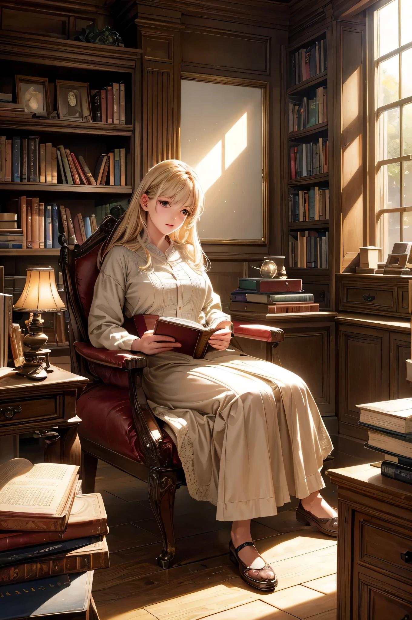(melhor qualidade,4k,8k,high resolution,obra de arte:1.2),ultra-detalhado,(realista,photorealista,photo-realista:1.37), anime,biblioteca antiga,livros empoeirados,estante alta,lindos olhos detalhados,Detailed lips,long eyelashes,estilo anime,cores suaves,warm lighting,atmosfera tranquila,curious expression,postura sentada,book in hand,pisos de madeira,antique furnitures,sunlight streaming through windows,pilhas de livros em segundo plano,marcadores saindo de alguns livros,ambiente sereno,sunset lighting