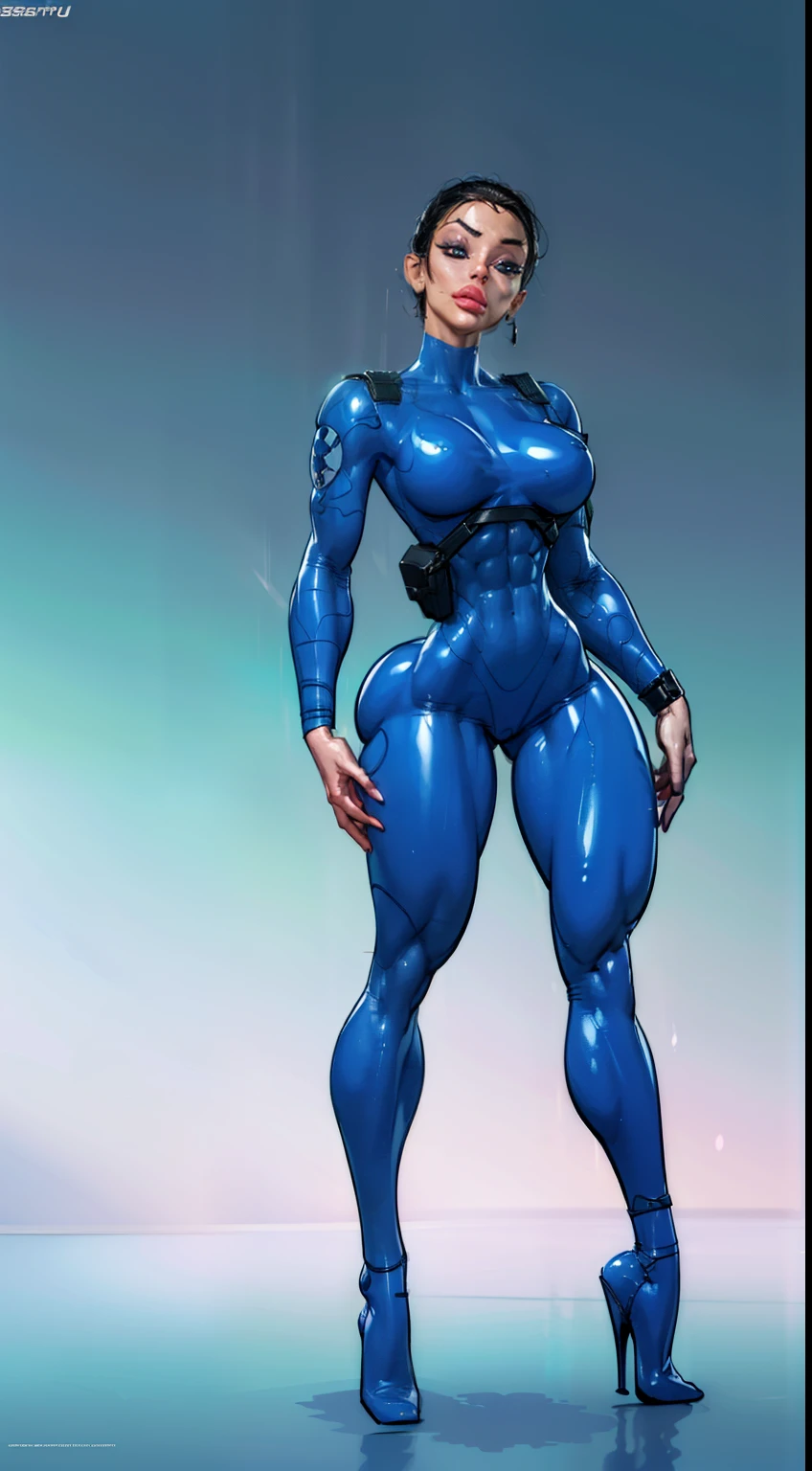 ((Perfect face, detailed eyes, detailed lips, perfect nose)), 1girl, sehele style, anime style, (((agent honeydew))) (((full body view:1.0))) and (((smoldering eyes))), 8k, 4k, Unreal Engine 5, octane render, trending on pixiv, fanbox, skeb, (((dark blue bodysuit))), masterpiece, ((8 pack abs:1.2)), (full bodied), wide hips, (full lips:1.5), smooth soft skin, big dreamy eyes, beautiful intricate, anime wide eyes, soft lighting, concept art, digital painting,