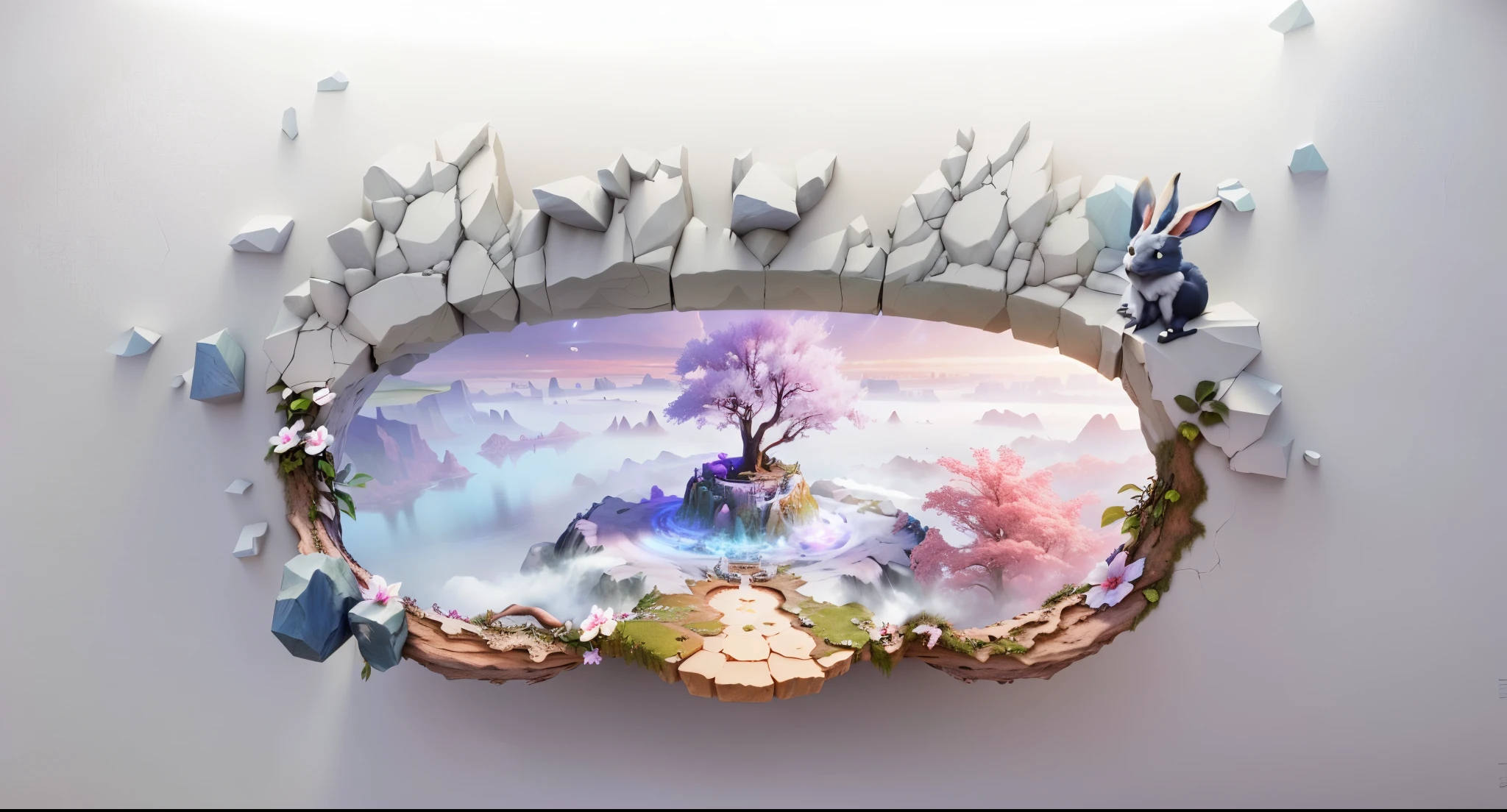 masterpiece,best quality,Lots of details,there is a hole in the ground,Inside the cave is a metaworld,dreamworld,overlooking angle,There are vines and flowers on the edge of the hole,Two rabbits squatted next to the hole,There are broken stones and cracks, 3D stylized scene, Fantasy 3D rendering, Stylized 3D rendering, 3D rendering stylization, 3 d videogame rendering, 3d scene, 3D scene, Made of trees and fantasy valley, Hyperrealistic 3D rendering, Stylized for 3D rendering, game rendering,c4d