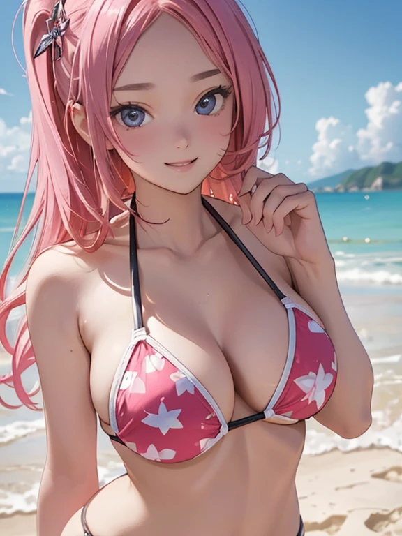 ((masterpiece, high quality, high resolution, absurd, super detailed, High saturation、8k)),real,upper body,(bikini:1.5),(1girl),seductive smile,cute face、beautiful eyes、pink hair、 (on the beach)、zydG