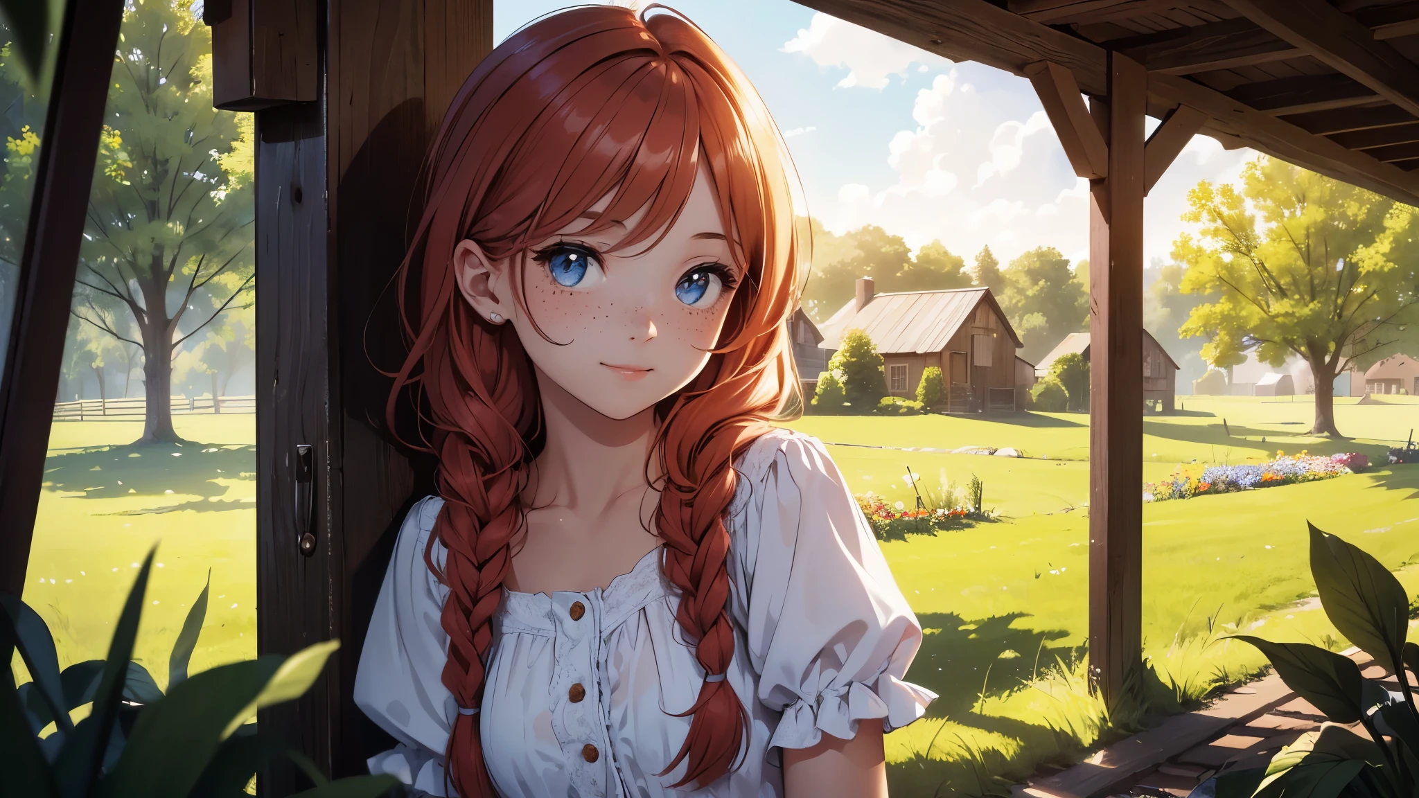((masterpiece,best quality,ultra detailed,ultra high res,detailed country yard background)), soft realistic focus, dynamic shadows, realistic image, vibrant colors,light leaks,dreamy atmosphere,chiaroscuro,BREAK
experimental charm, The girl is depicted in full growth, you see the girl from head to toe, nostalgic appeal, country girlfriend, she take you with yourself, simple open short dress, soft mischievous smile, freckles, shiny light red hair, she will take your hand, thick braids
