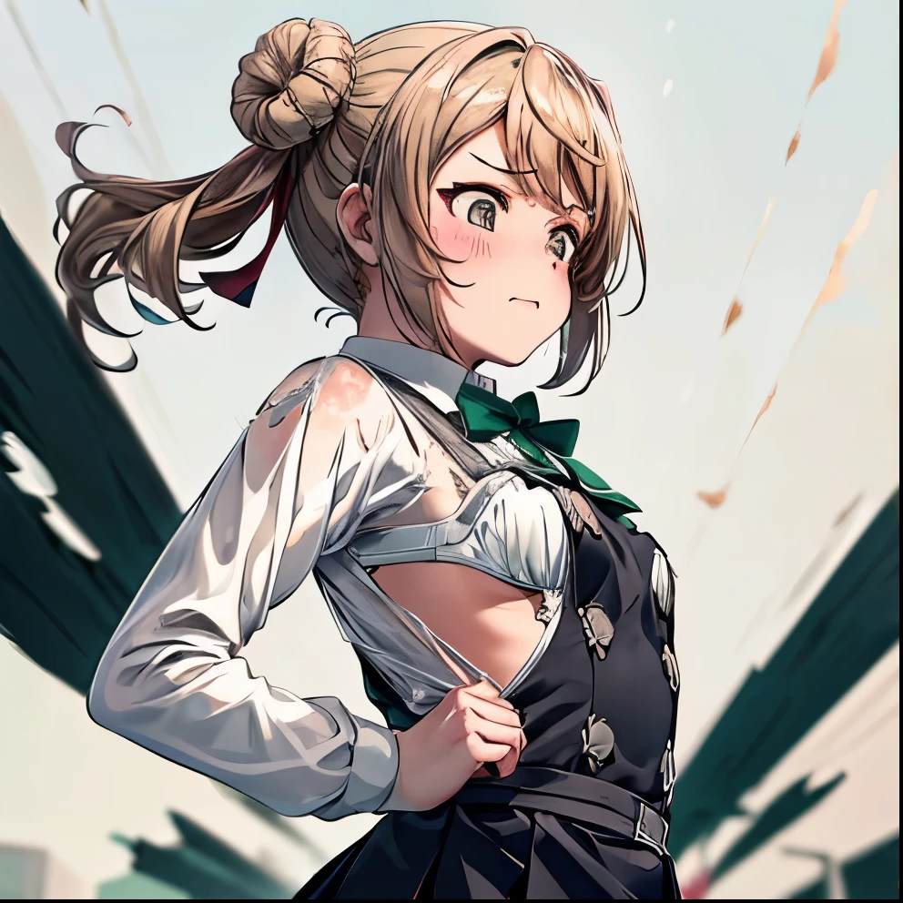 torn cloth, bra, {{love live!}},{{masterpiece}}, {highly detailed}, ,(masterpiece, best quality:1.2), upper body, MichishioKC, {{from below}}, angry, shouting, school uniform, pinafore dress, green ribbon, looking at viewer, small breast, long sleeve,