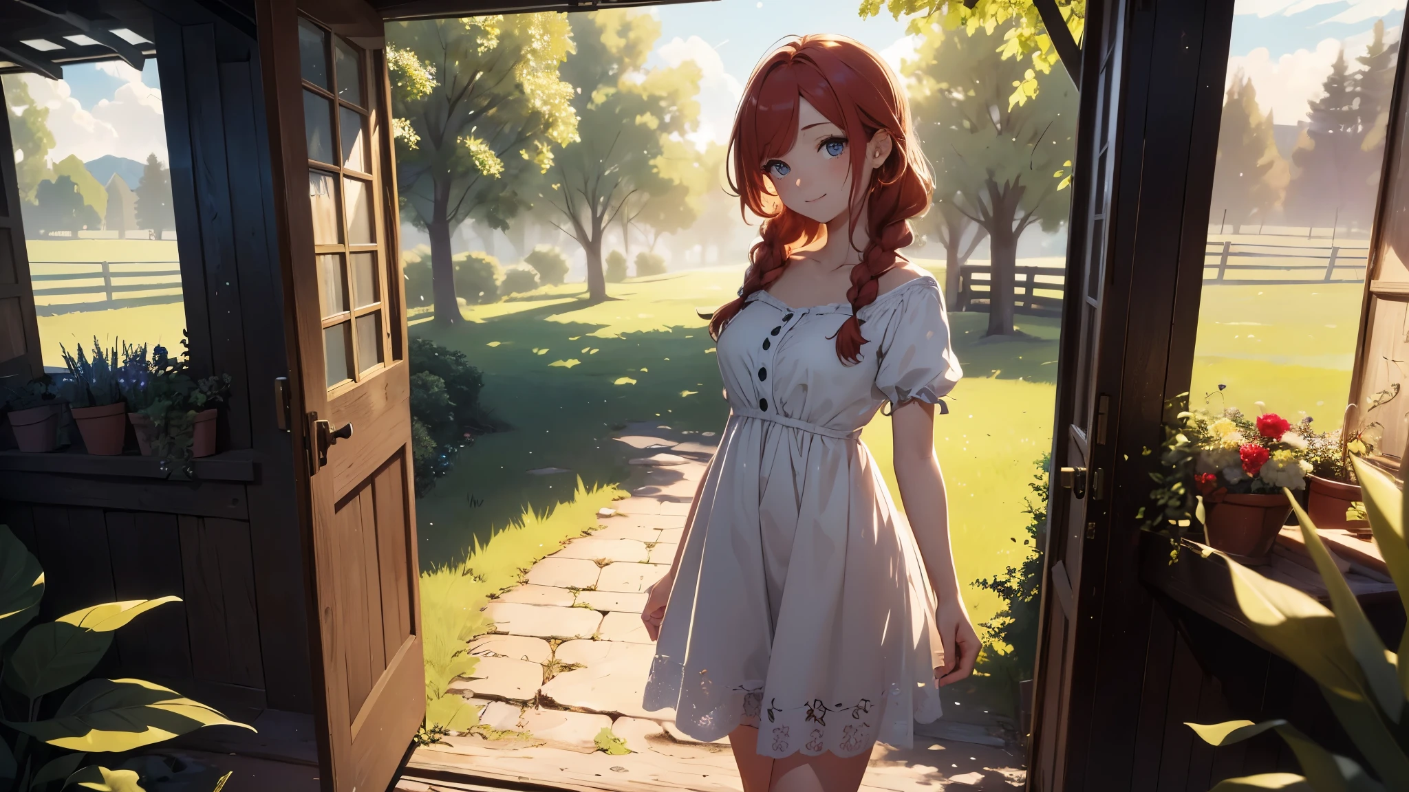((masterpiece,best quality,ultra detailed,ultra high res,detailed country yard background)), soft realistic focus, dynamic shadows, realistic image, vibrant colors,light leaks,dreamy atmosphere,chiaroscuro,BREAK 
experimental charm, The girl is depicted in full growth, you see the girl from head to toe, nostalgic appeal, country girlfriend, she take you with yourself, simple open short dress, soft mischievous smile, freckles, shiny light red hair, she will take your hand, thick braids