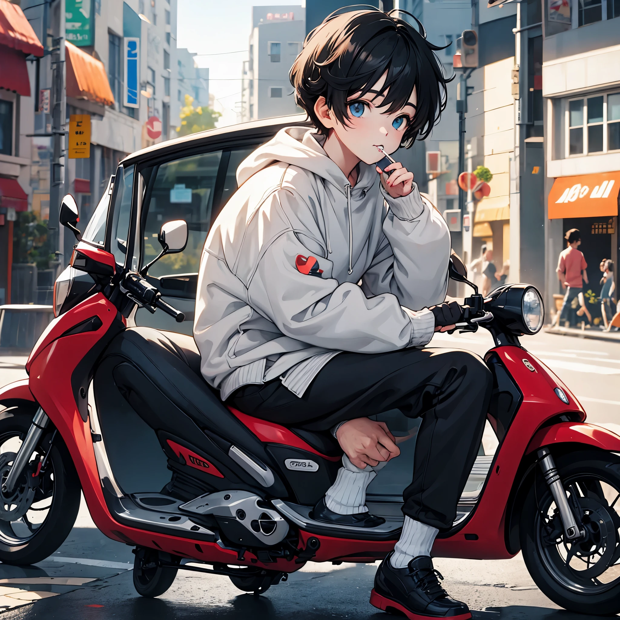 Two-dimensional anime black-haired lolita eating lollipop and riding a scooter