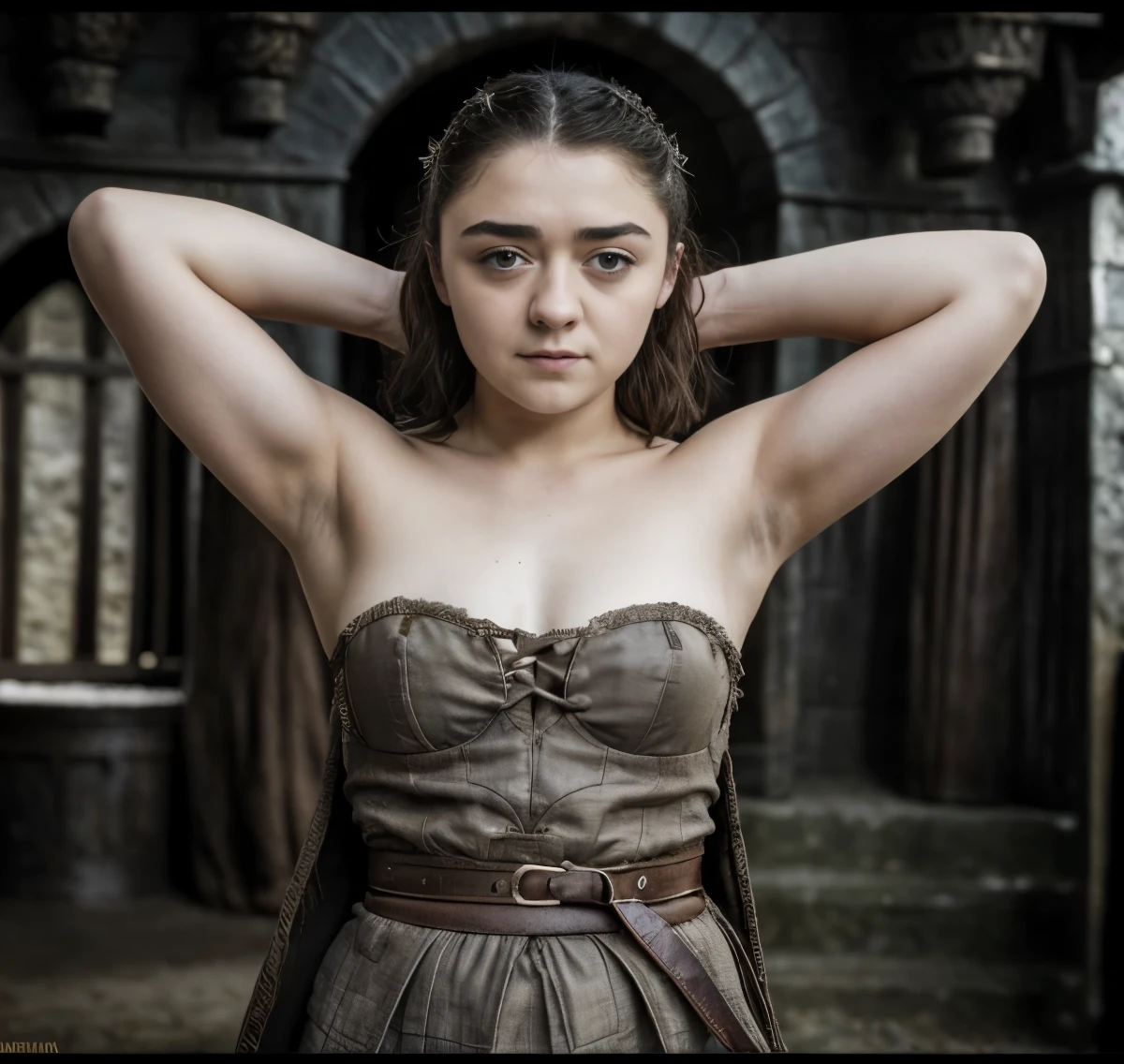 Foto RAW, RAW photograph of Maisie Williams, Arya Stark, Extremely gorgeous lady, Arya Stark PLAYED BY MAISIE WILLIAMS, Queen Arya Stark, she  a mature woman now, milf, sexy mediaeval battle dress, gladiator woman, body, 40 years old Woman,styled hair, fantasy movie character, body revealing costumes, perky breast, skin pores, big natural breast, erotic costumes, lusty physique, seductive figure can capture every people's attention, Game of thrones costumes, revealing captivating figure, Mediaeval costumes, revealing clothes, A tomboy, she would rather fence than dance, warrior queen , game of thrones screen caps, Game of Thrones Series, (pele altamente detalhada: 1.2), 8k UHD, DSLR, soft-lighting, alta qualidade, grain of film, Fujifilm XT3, flawless picture, highly detailed, detailed Beauty, intricate, 32k, sharp picture,