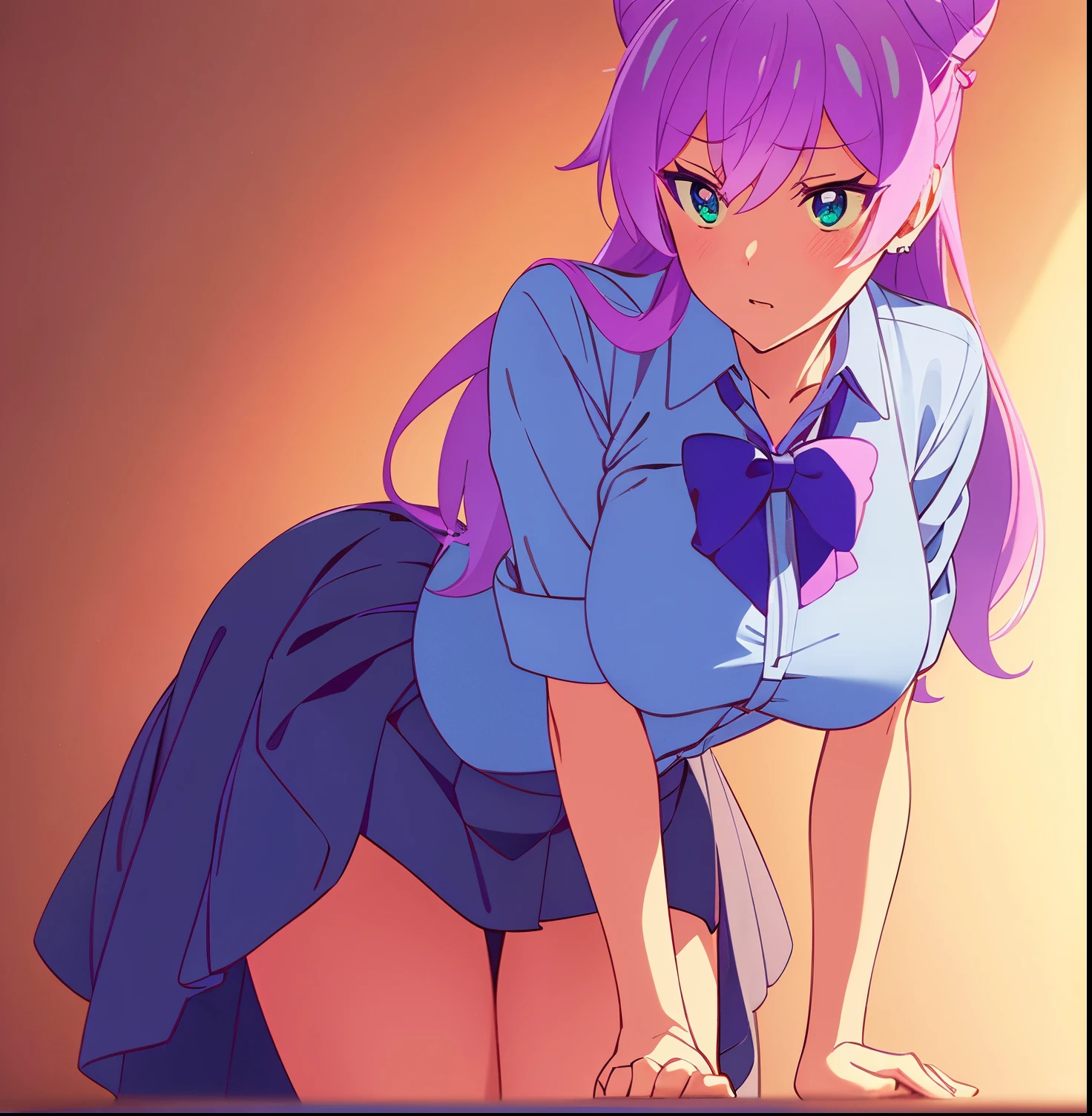 1 girl, alone, akari watanabe, long hair, blue eyes, pink hair, bun, double bun, conical hair bun, BREAK skirt, shirt, bow, jewelry, pleated skirt, earrings, blue skirt, blue shirt, REST facing the viewer, full length, large breasts, wide hips, wide thighs, REST inside, in the classroom, BREAK, (masterpiece: 1.2), best quality, high resolution, Unity 8k wallpaper, (artwork: 0.8), (beautiful detailed eyes: 1.6), extremely detailed face, perfect lighting, extremely detailed CG (perfect hands, anatomy perfect),