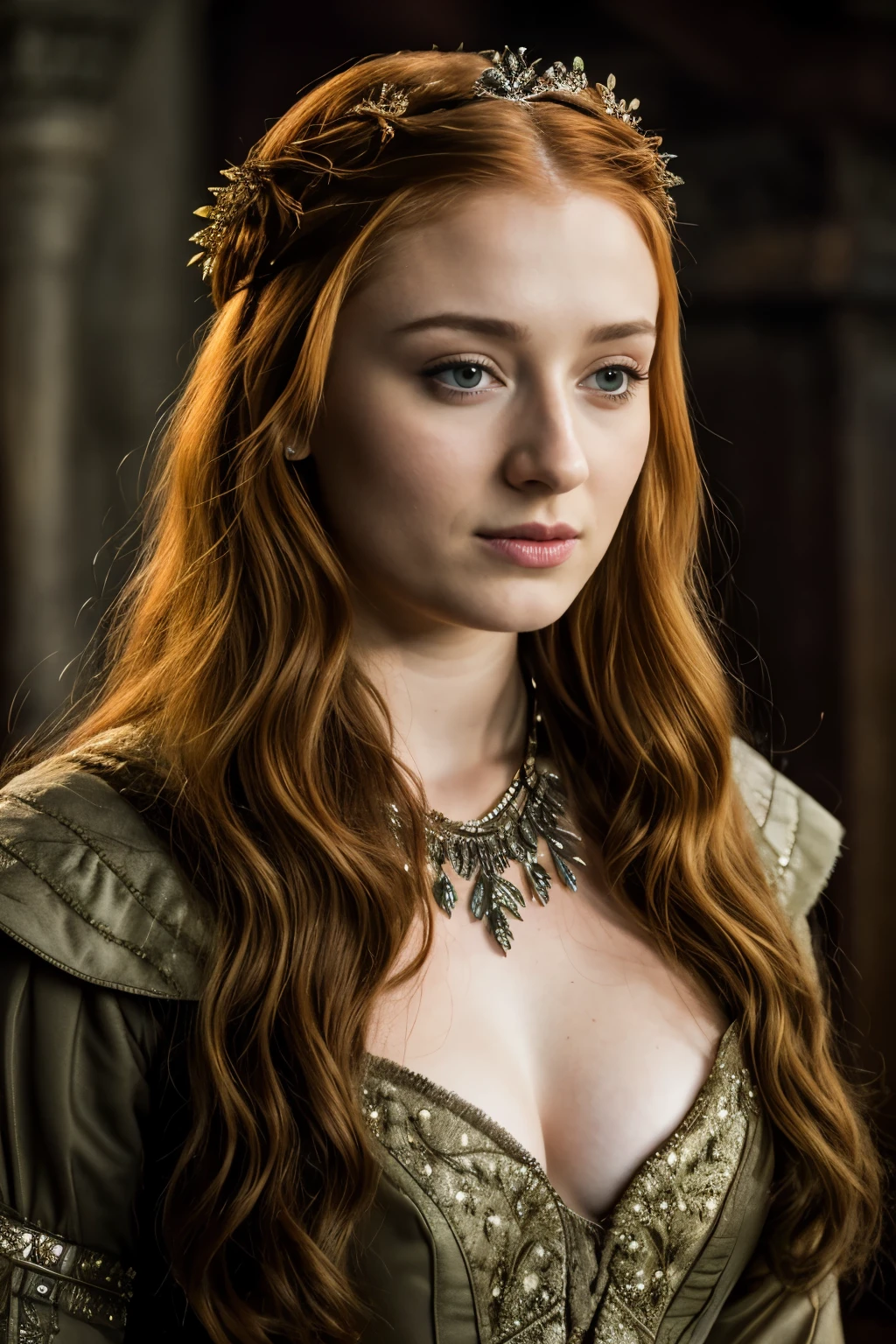 Foto RAW, Sansa Stark PLAYED BY SOPHIE TURNER Ned and Cat's oldest daughter, Demure and ladylike, her dream is to marry Prince Joffrey, Her direwolf is named Lady , mediaeval erotic costumes, perky breast, Game of Thrones Series, (pele altamente detalhada: 1.2), 8k UHD, DSLR, soft-lighting, alta qualidade, grain of film, Fujifilm XT3