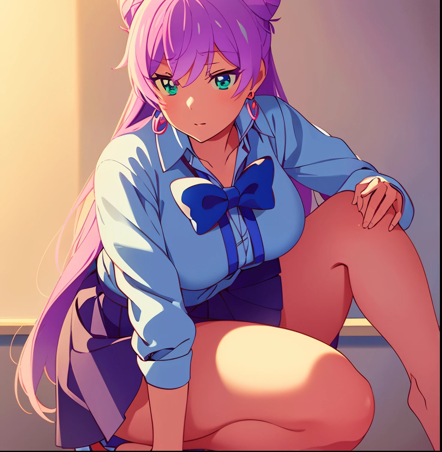 1 girl, alone, akari watanabe, long hair, blue eyes, pink hair, bun, double bun, conical hair bun, BREAK skirt, shirt, bow, jewelry, pleated skirt, earrings, blue skirt, blue shirt, REST facing the viewer, full length, large breasts, wide hips, wide thighs, REST inside, in the classroom, BREAK, (masterpiece: 1.2), best quality, high resolution, Unity 8k wallpaper, (artwork: 0.8), (beautiful detailed eyes: 1.6), extremely detailed face, perfect lighting, extremely detailed CG (perfect hands, anatomy perfect),