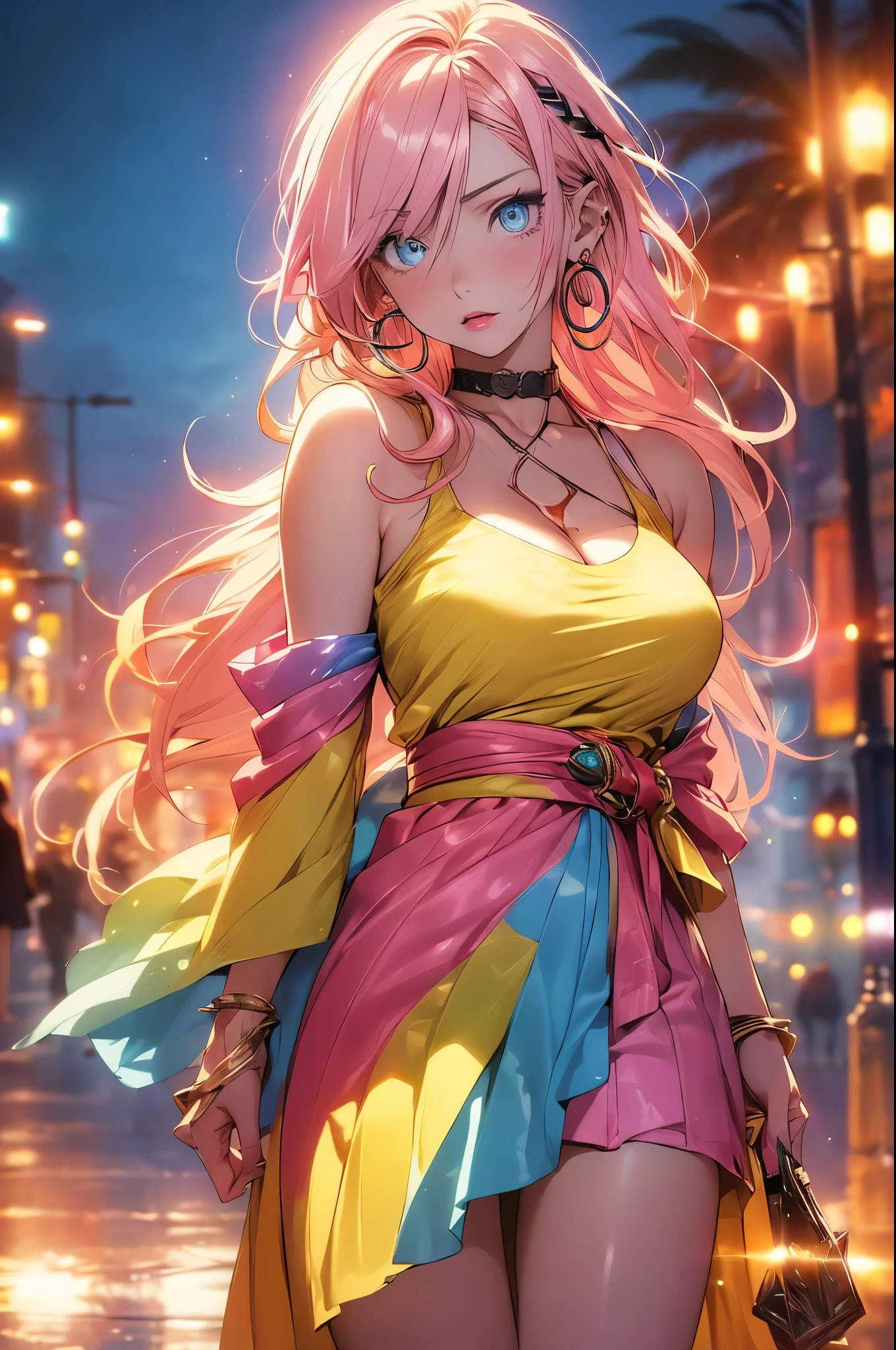 masterpiece, high quality, 1girl, gyaru, blonde hair, pink eyes, school uniform, thighhighs, pink bra