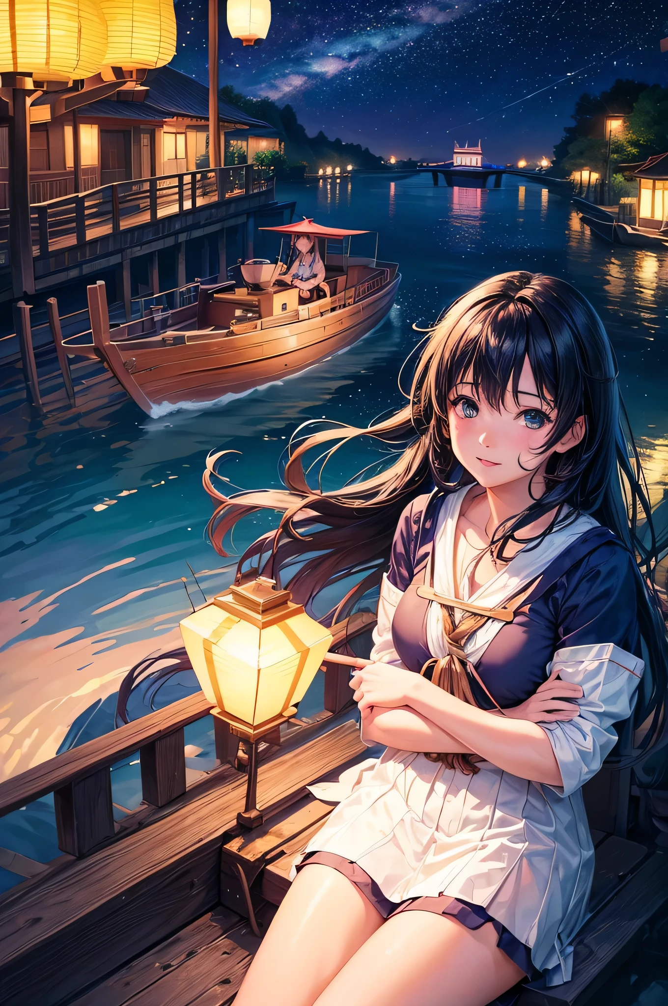 (Ultra HD, realista:1.37)garota de anime navegando em um barco pelo rio, com lanternas flutuantes iluminando os arredores, cores vibrantes, Brisa suave, water ripples, estrelas brilhantes, scenic landscape