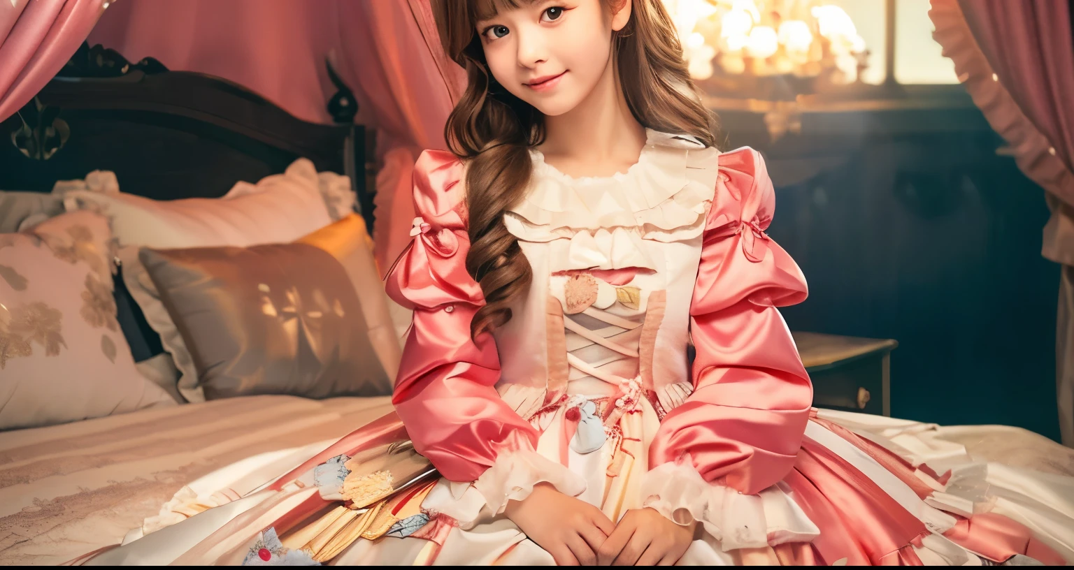 ,highest quality, masterpiece, highest resolution, artwork, super それにget used to it, many get used to it, get used to it, それにget used to it, 3K realistic photos,,(()),Super detailed baby face,she is a princessgth ball gown dress with hoop skirt,ruffle yoke collar,puff sleeves,long sleeve,((Lolita style hot pink detailed princess satin dress、Comes with lots of frills and ribbons。)),Loco's colorful fashion,shiny satin dress,Soft and smooth fabric,luxury,long blonde hair,blue eyes,white skin european,pajamas,((inside the palace)),,,(( at 10 years old)),Super detailed baby fgth ball gown dress with hoop fle yoke collar,puff sleeves,腰まで伸びるlong blonde hair,blue eyes,white skin european,pajamas,((inside the palace bedroom)),ピンクのシルクサテンのluxuryなCanopy bedの上,Canopy bed,luxurious curtains under the canopy,Many frilly pillows on the bed,super detailed background,Detailed bed,romantic atmosphere,