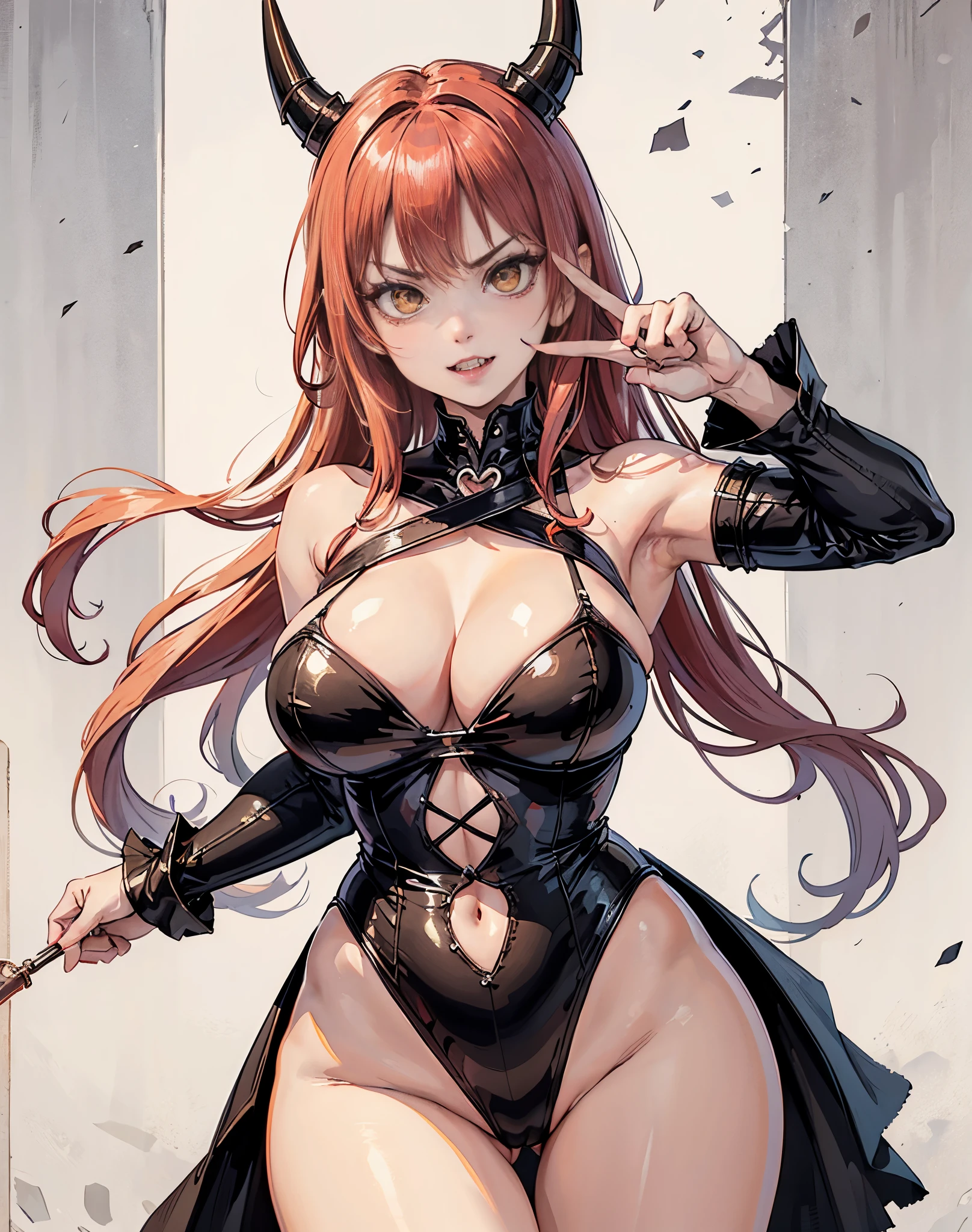 animerealistic, one female oni, hourglass figure, model face, gorgeous, makima, devil horns, yellow eyes, princess eyes, she has light red hair, red streaks in hair, long wavy hair, huge breasts, shiny breasts, she has fangs, she has an angry expression, cute pose, viewer is below, looking at viewer, one pointer finger aimed at viewer, one hand by her mouth, she’s rich, a dominatrix, wearing latex lingerie, her fangs showing with a soft laugh expression on her mouth