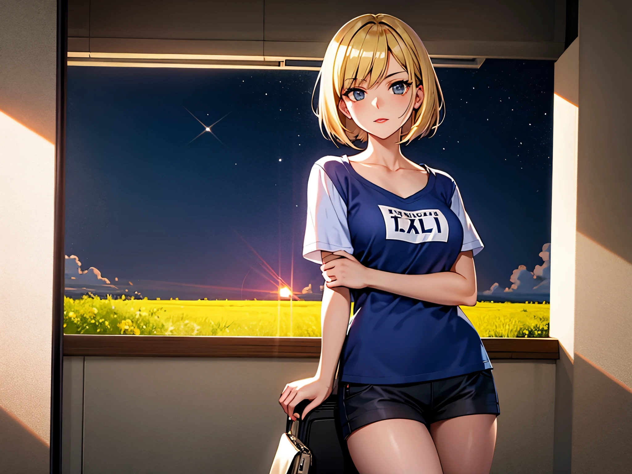 1 garota, 2Foco solo, Beautiful anime portrait of a ppy college girl with a blonde pixie bob haircut, vestindo uma camiseta azul clara e shorts brancos, Copos, Delineador escuro, peach lipstick, leaning aggressively towards the viewer, sneering expression, intimidar, student union building, Interior, tarde, obra de arte, 8k, volumetric lighting, vista frontal