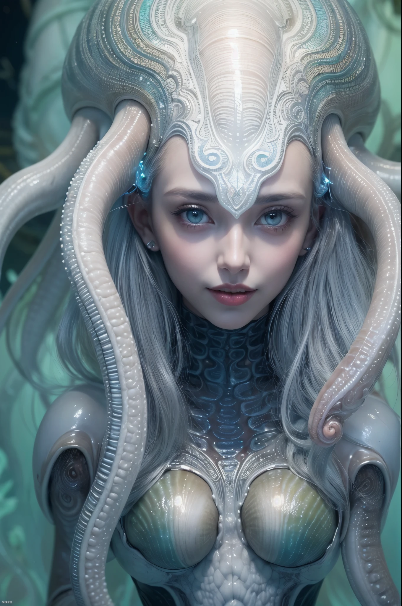 (A portrait of one beautiful and obscene female alien in the sea, who is a young teenager:1.4), ((There is a female genital-like organ in the middle of her forehead:1.8)), (realistic face:1.2), (Numerous award-winning masterpieces, with incredible detail, textures and maximum detail), artistic photography, midnight aura, unreal engine 5, Ultra Sharp Focus, art by Amano Yoshitaka, ArtGerm, Roisch, intricate artwork, ultra realistic realism, high resolution, High freshness, drawing faithfully, official art, Unity 8K Wall paper, ultra detailed artistic photography, dream-like, Creation of fantasy, dream Snail, (biopunk nautilus:1.3),Thrilling color schemes, seductively smiling, Amazing mutation, well-proportioned body, goddess of the deep sea, fractal, Geometric pattern, impossible figures, (translucent white tentacles with luminescent organs:1.4), subtle emerald green accents, (smiling seductively:1.3),(She has the most beautiful face in the history of the universe:1.5), Penelope Cruz, (she is looking down at viewers with glowing iridescent eyes with no pupils:1.3), an evil gaze that seduces, cinematic lighting, (Vampire-like long canine teeth can be glimpsed through the gap between the cute lips:1.3), in the hall of the palace, Sweet breath is exhaling from beautiful lips, ecstatic expression