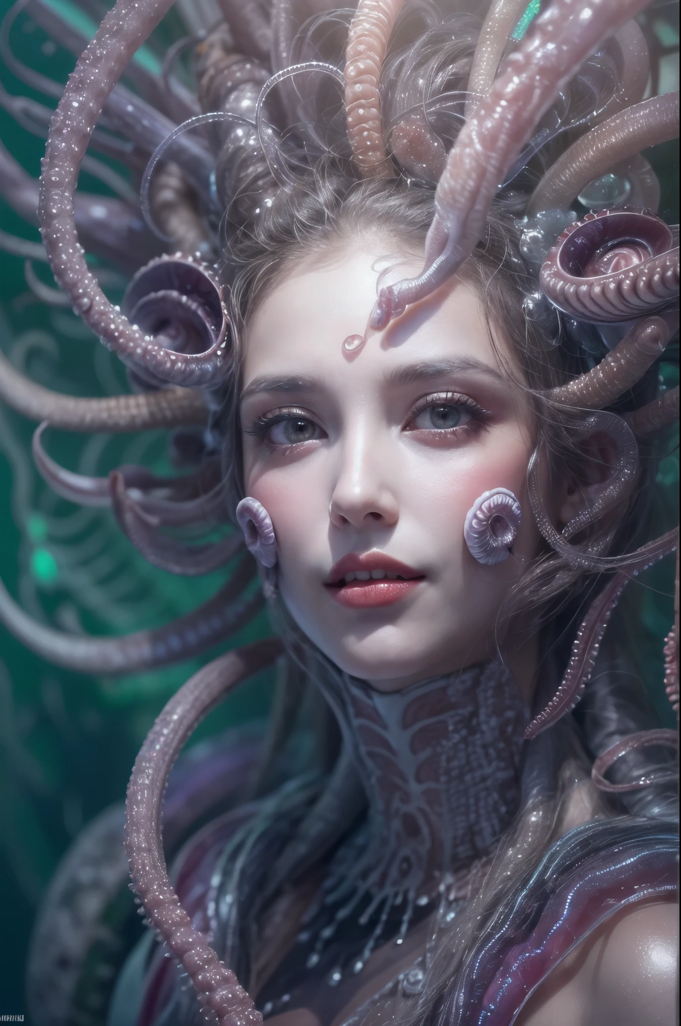 (A portrait of one beautiful and obscene female alien in the sea, who is a young teenager:1.4), ((There is a female genital-like organ in the middle of her forehead:1.8)), (realistic face:1.2), (Numerous award-winning masterpieces, with incredible detail, textures and maximum detail), artistic photography, midnight aura, unreal engine 5, Ultra Sharp Focus, art by Amano Yoshitaka, ArtGerm, Roisch, intricate artwork, ultra realistic realism, high resolution, High freshness, drawing faithfully, official art, Unity 8K Wall paper, ultra detailed artistic photography, dream-like, Creation of fantasy, dream Snail, (biopunk nautilus:1.3),Thrilling color schemes, seductively smiling, Amazing mutation, well-proportioned body, goddess of the deep sea, fractal, Geometric pattern, impossible figures, (translucent white tentacles with luminescent organs:1.4), subtle emerald green accents, (smiling seductively:1.3),(She has the most beautiful face in the history of the universe:1.5), Penelope Cruz, (she is looking down at viewers with glowing iridescent eyes with no pupils:1.3), an evil gaze that seduces, cinematic lighting, (Vampire-like long canine teeth can be glimpsed through the gap between the cute lips:1.3), in the hall of the palace, Sweet breath is exhaling from beautiful lips, ecstatic expression