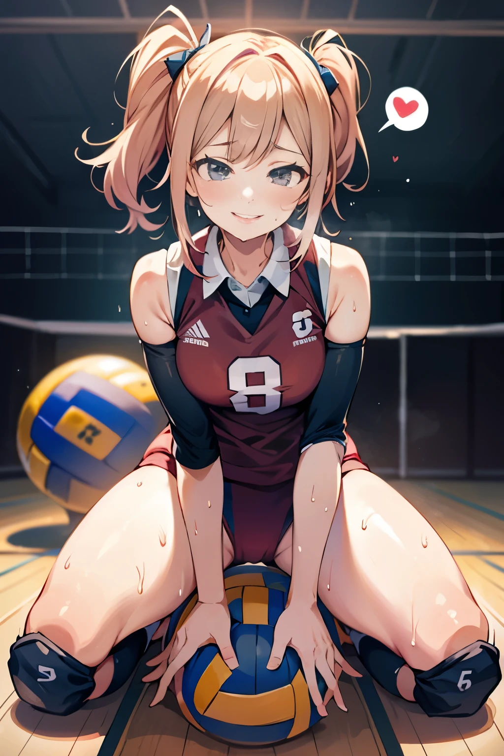 unity 8k wallpaper, anatomically correct, (((masterpiece))), (((best quality))), (((ultra detailed))), (((high-resolution))), ((Ultimate cutie)), perfect hands, perfect finger, (((good anatomy))), detailed beautiful face, shiny hair, (((gyaru))), (potbelly), (curvy), medium breasts, ((Thick thighs)), (((solo))), ((seductive smile)), (((blush))),
BREAK, (((sit astride the perfectly spherical shape 6-inch volleyball))), (((Straddling a perfectly spherical 6" volleyball))), (((Perfectly spherical 6" volleyball fits perfectly crotch))), BREAK, (((Rub the Perfectly spherical 6" volleyball against crotch))),
BREAK, (Collared volleyball uniforms), sleeveless, ((buruma)), ((kneepad)), (pussy juice stained), (elbow pad), (((sweat))), (((covered in sweat))), ((deep breathing)), in Volleyball Court, indoor, lighting, looking at viewer, full body, (spoken heart)