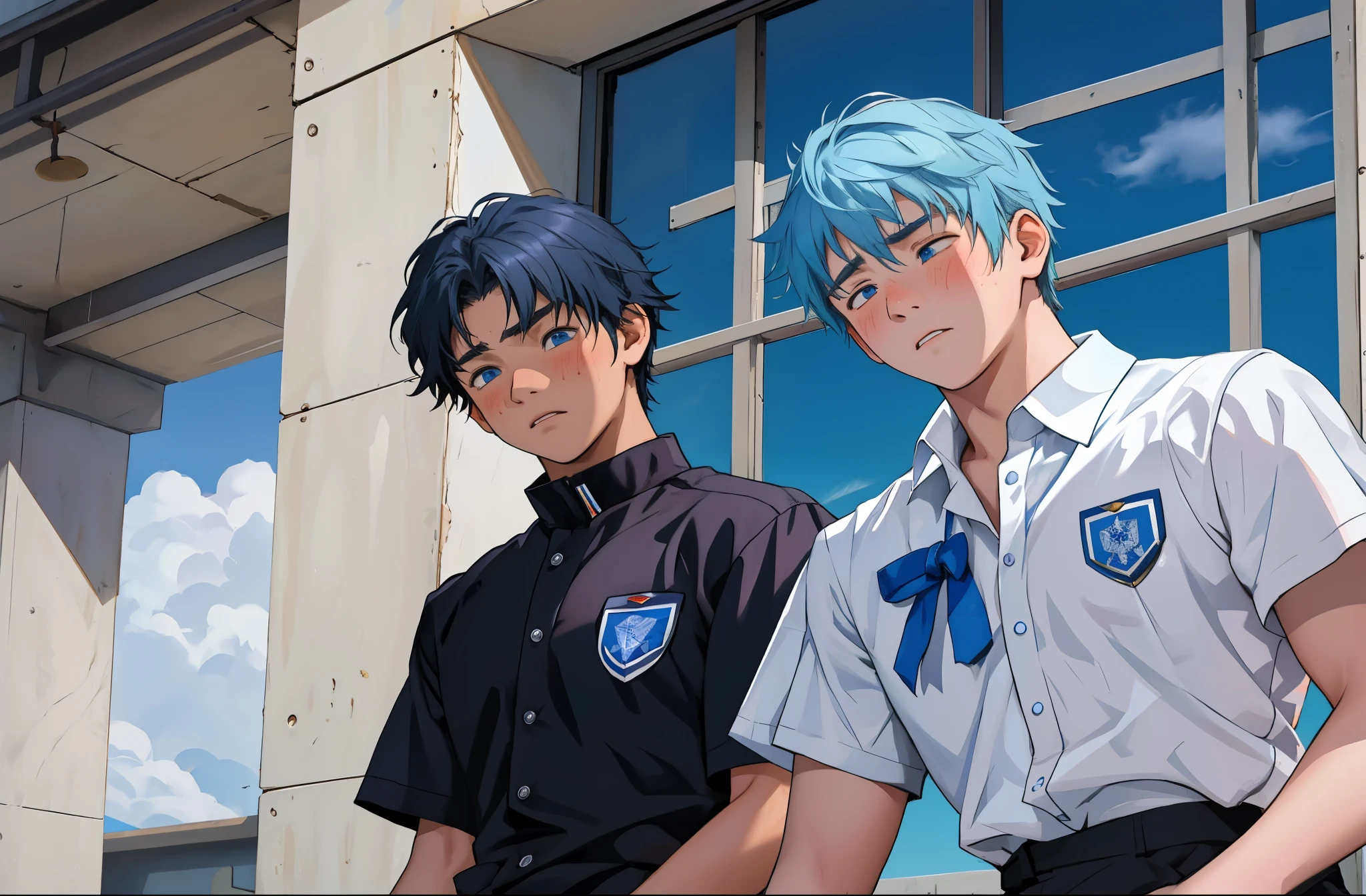There are two  boys with a lot of sadness on their faces, one of them is looking at the other who is telling him a story.